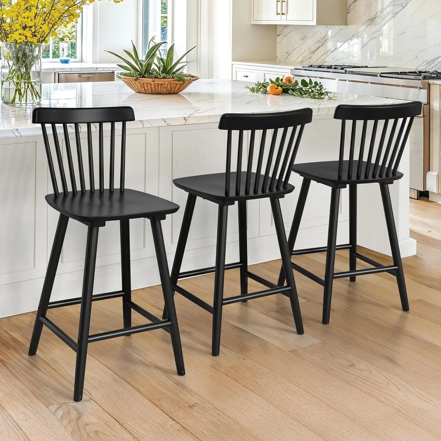 Upgraded Windsor Wooden Black Bar Stools Set of 3, 24 Inch Counter Height Barstools with Spindle Back/Bigger Seat for Kitchen Island-0