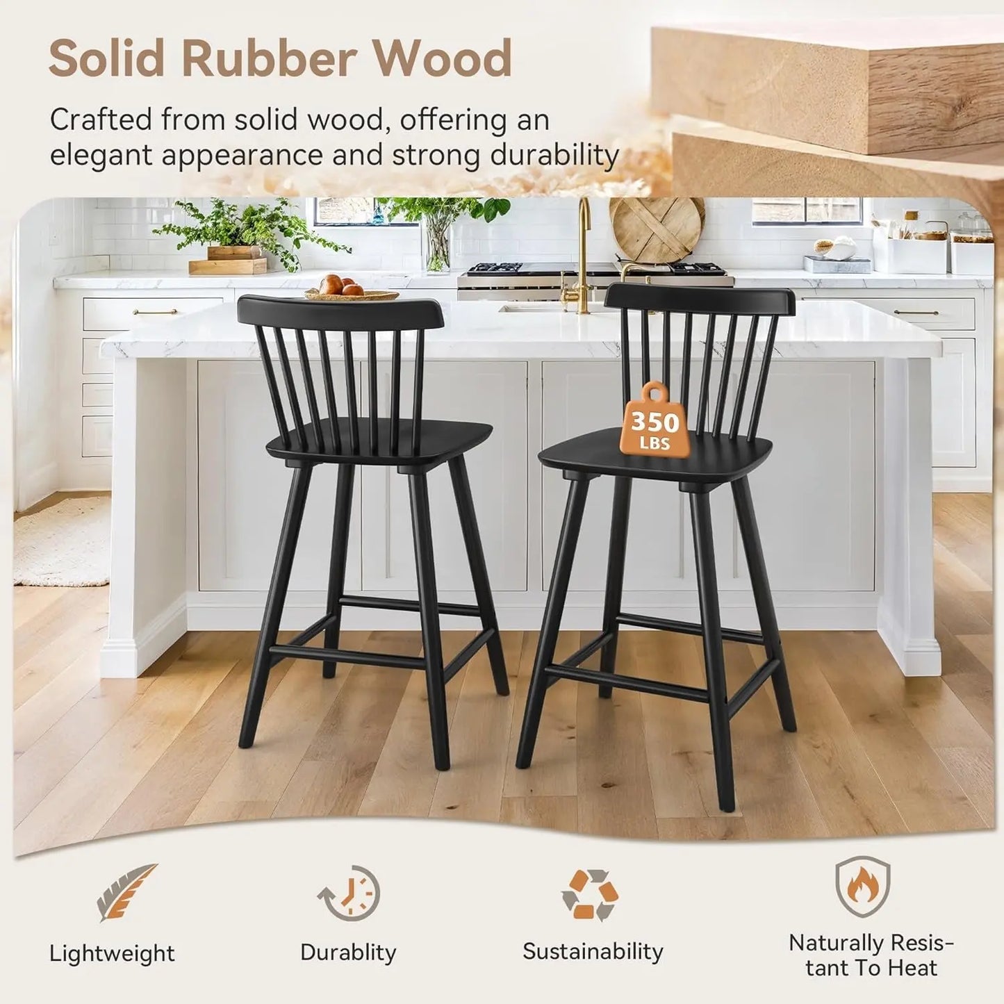 Upgraded Windsor Wooden Black Bar Stools Set of 3, 24 Inch Counter Height Barstools with Spindle Back/Bigger Seat for Kitchen Island-3
