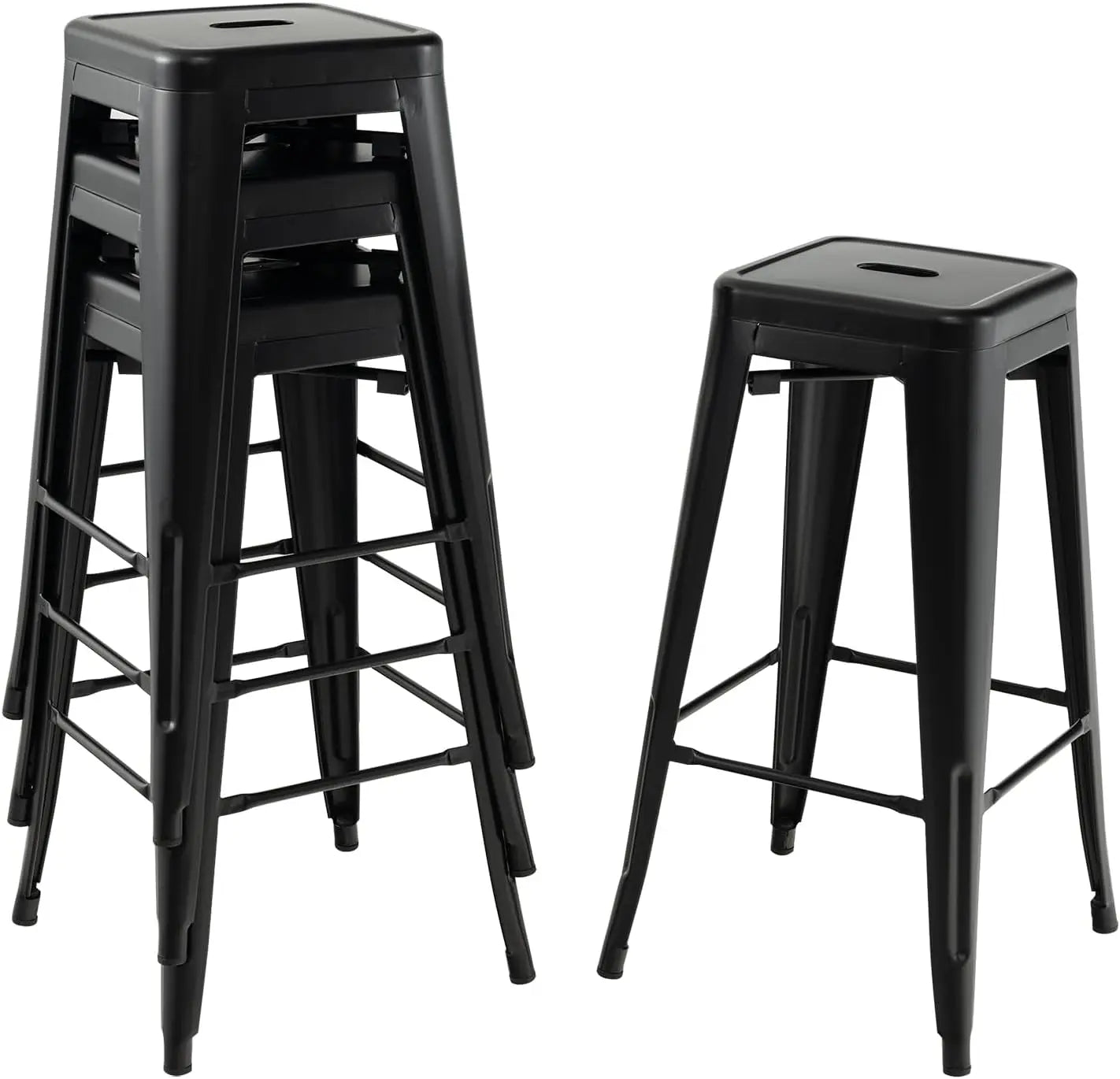 Metal Backless Bar Stools Set of 4, 30" Bar Height Modern Industrial Barstools W/Cut-Out Handle, Footrest, Rubber Foot Pads, Stackable Bar Dining Chairs for Kitchen Island, Black-0