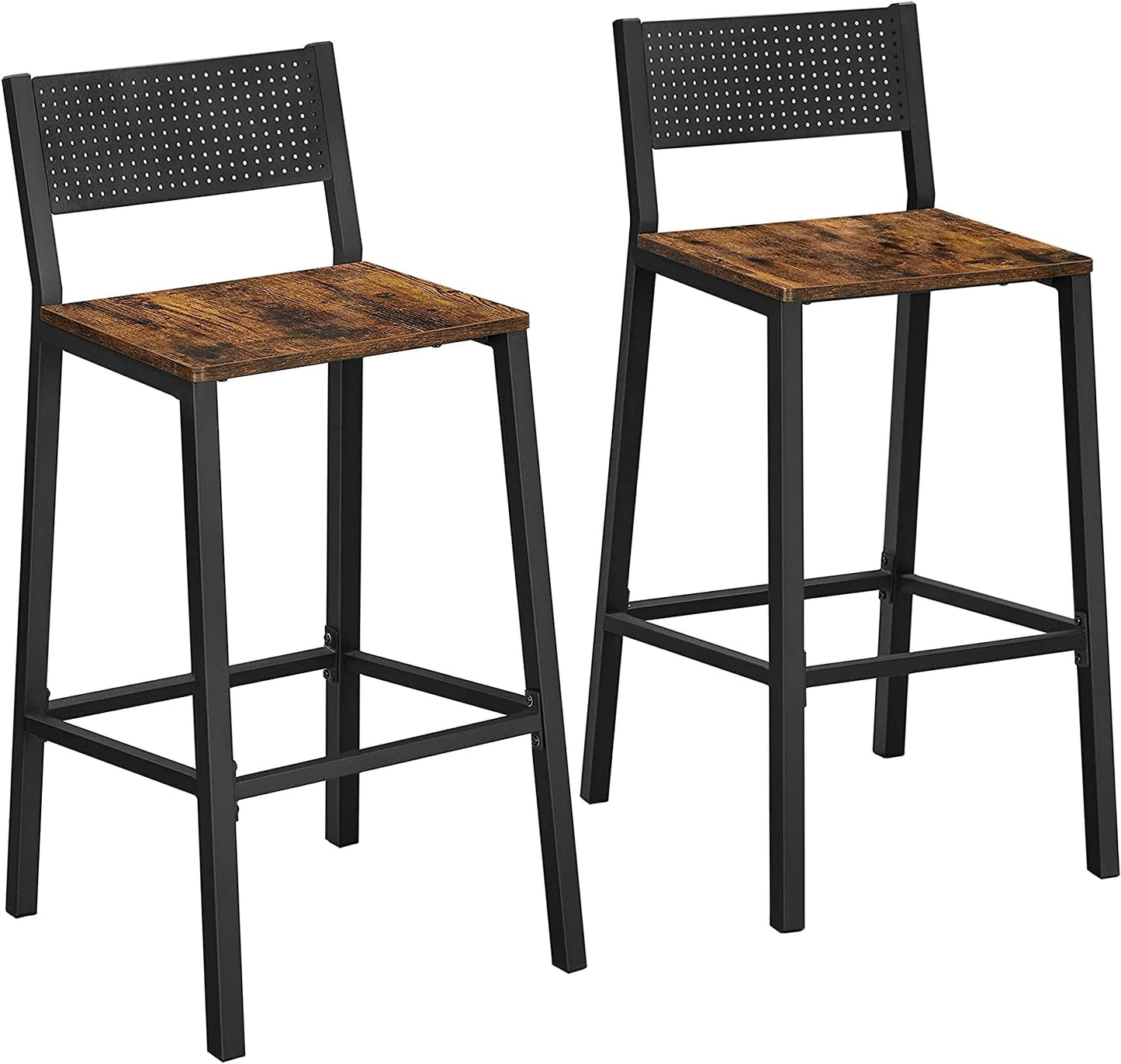 Bar Stools, Set of 2 Bar Chairs, Tall Bar Stools with Backrest, Industrial in Party Room, Rustic Brown and Black ULBC070B01-0
