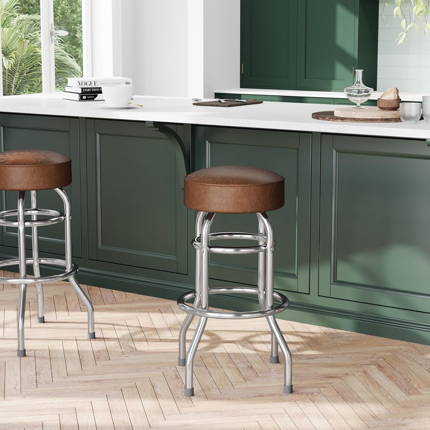 Bruno 2 Pack Double Ring Chrome Barstool with Weathered Brown Seat-3
