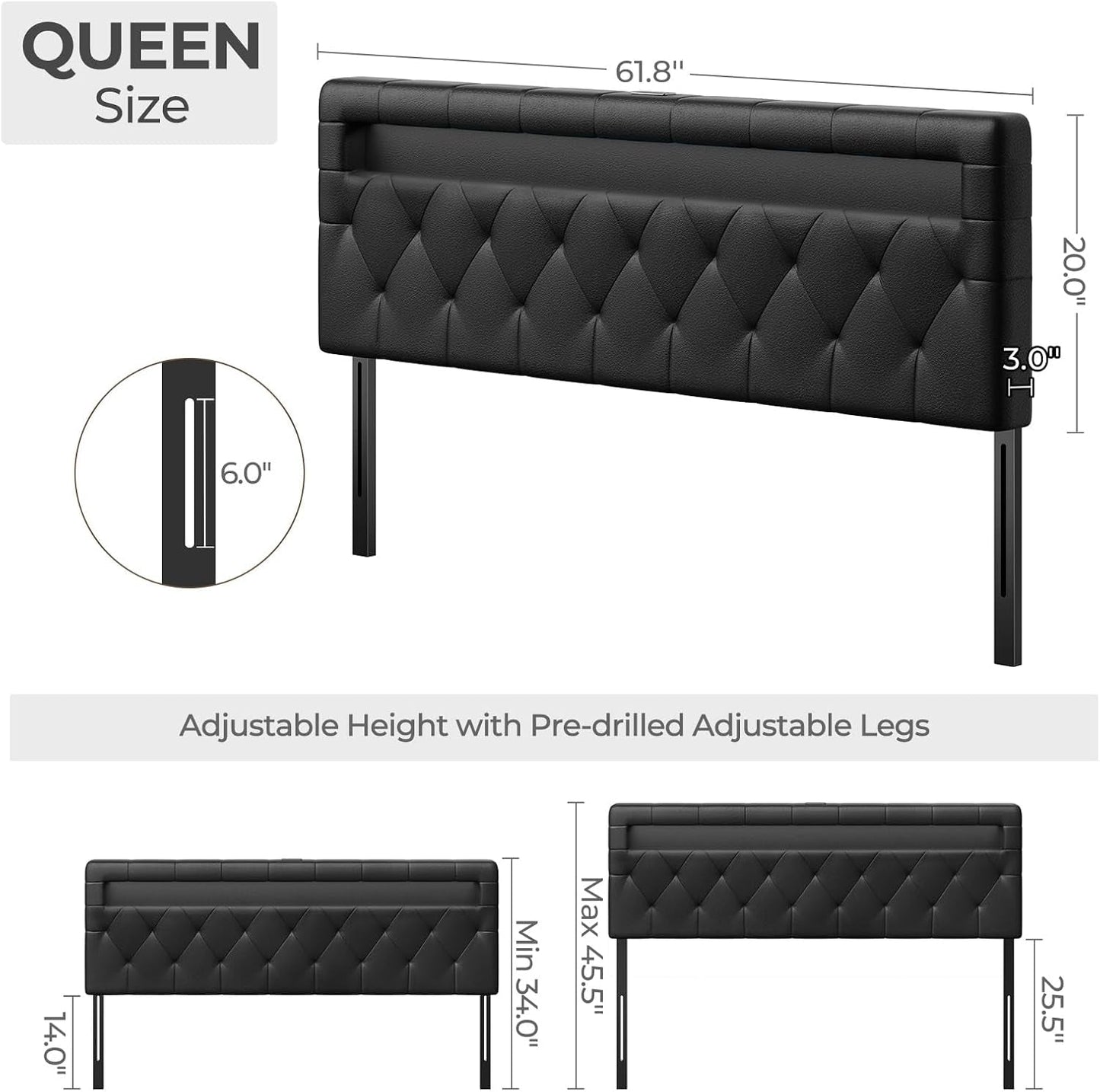Adjustable Queen Size Headboard with 60000 LED Colors-2