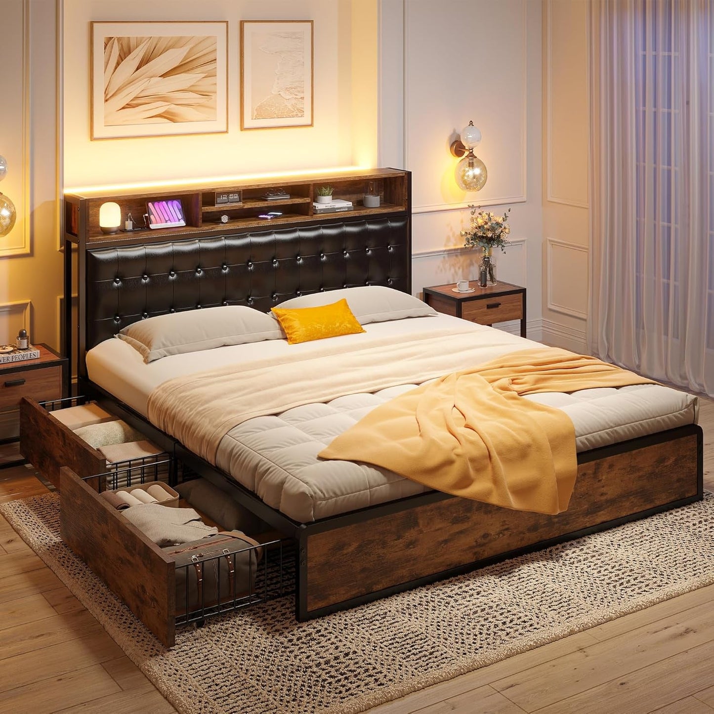 Queen Size Bed Frame with Storage Drawers and Charging Station-4