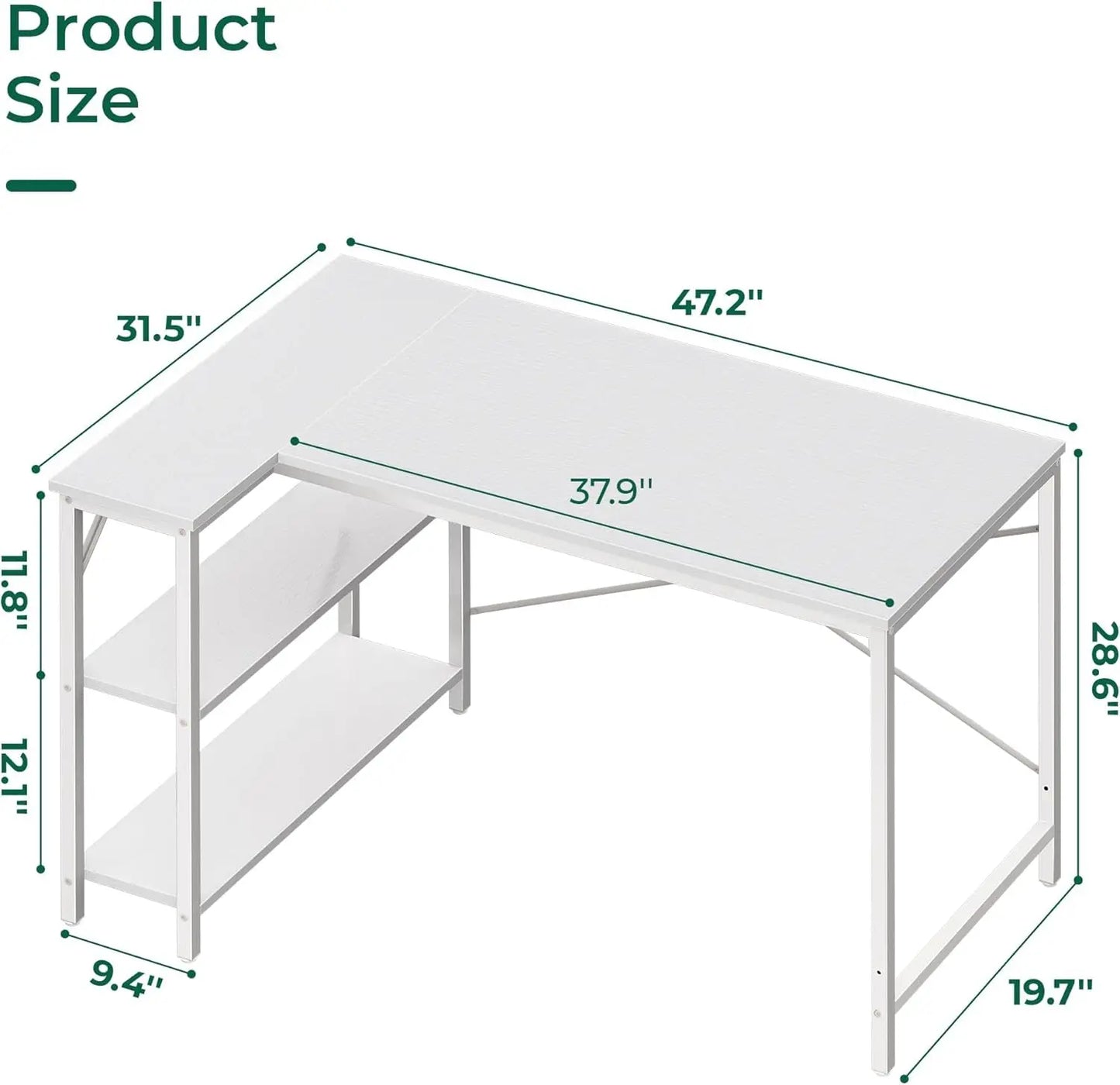 L Shaped Desk, 47 Inches Computer Desk with Reversible Storage Shelves, Gaming Desk, Corner Desk Home Office Desks, Writing Desk Study Desk with Metal Frame, White-2