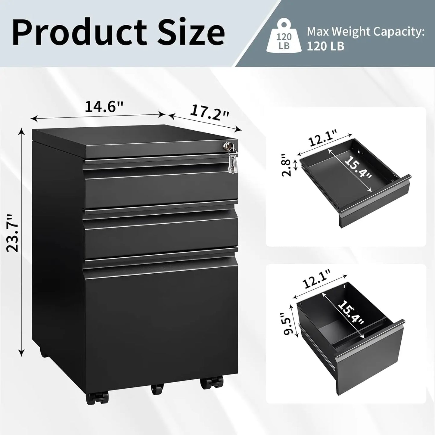 3 Drawer File Cabinet for Home Office, under Desk Mobile Filing Cabinet with Lock for A4-Size/Letter-Size/Legal-Size, Black (HSEJ-3D)-2
