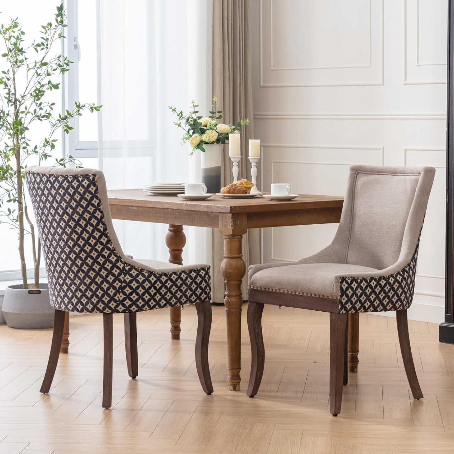 Beige Patterned Modern High Back Dining Chairs Set-0