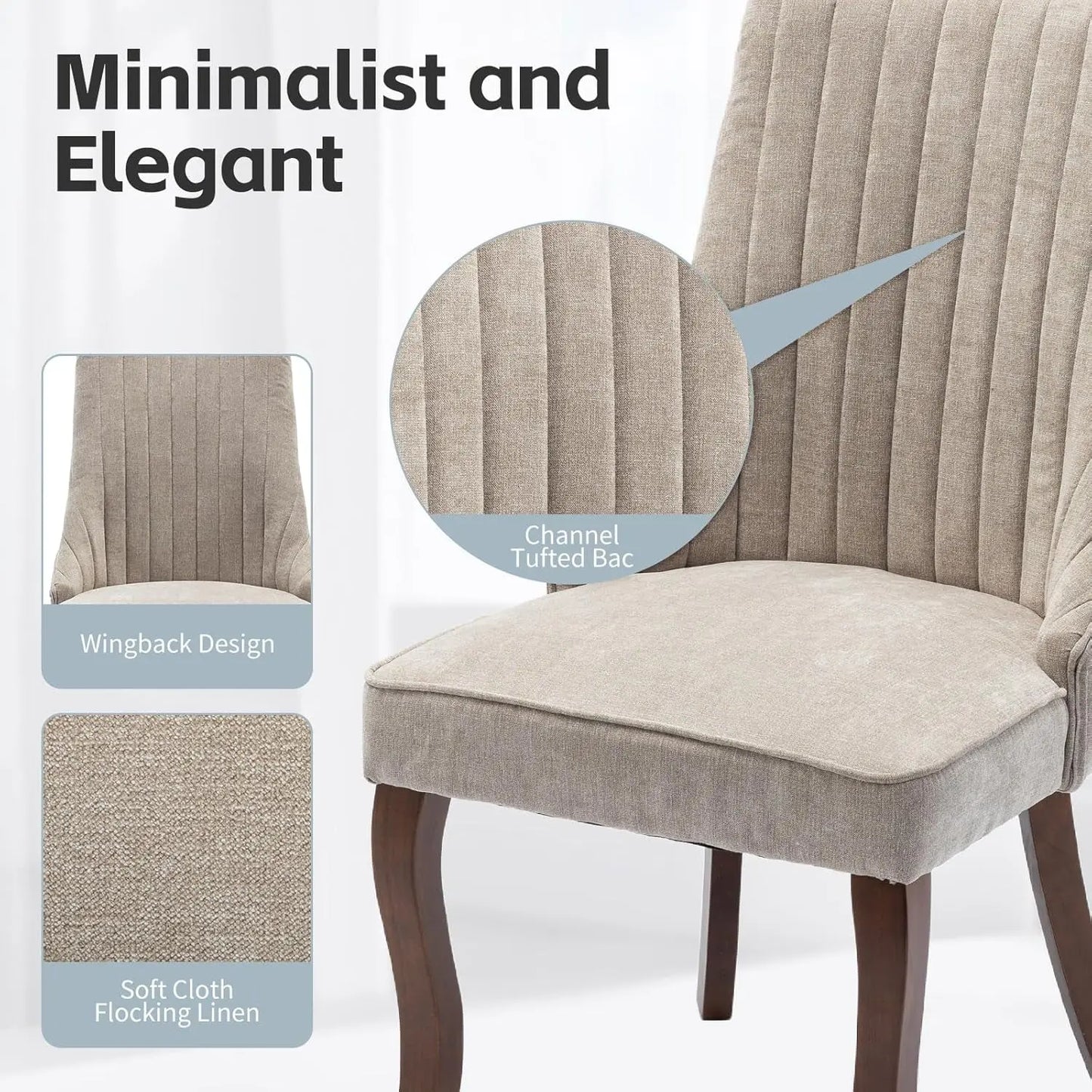 Beige Dining Chairs Set of 2,Comfortable Fabric Channel Tufted Upholstered Dining Room Chairs, Modern Kitchen Chairs for Dining Room with Curved Solid Wood Legs(Beige)-4