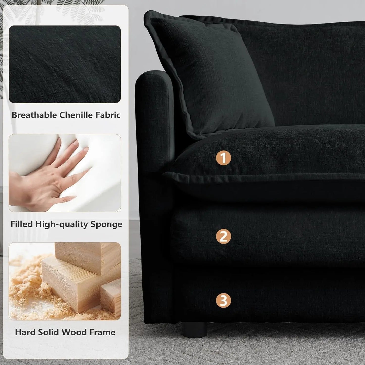 Luxury 2 Piece Loveseat Couch & Sofa Armchair Set, Modern Upholstered Chenille Cloud Couches Set Furniture with 5 Pillow for Living Room Bedroom Office Apartment, Black-4
