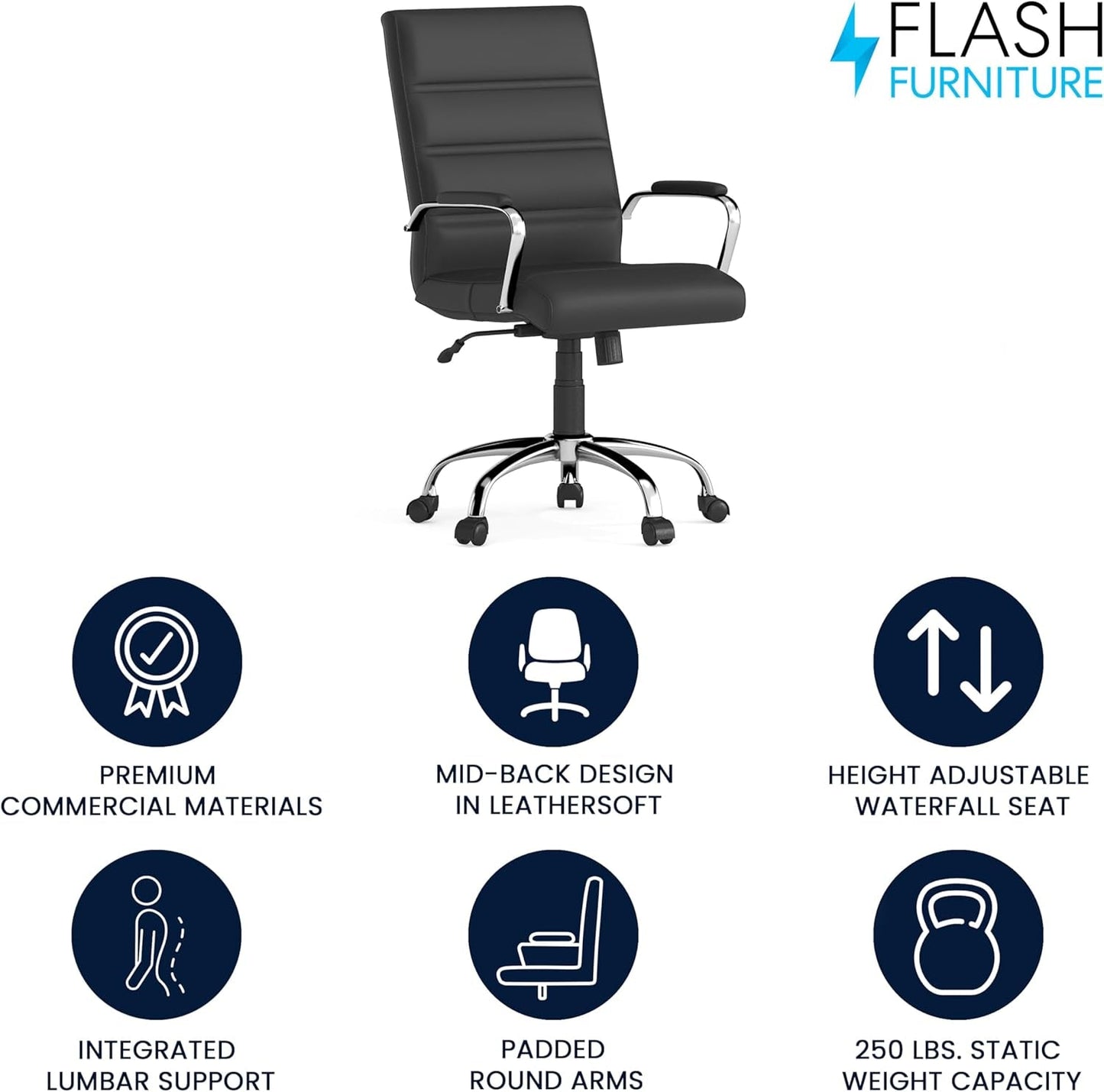 Whitney Mid-Back Swivel Leathersoft Desk Chair with Padded Seat and Armrests, Adjustable Height Padded Office Chair, Black-3