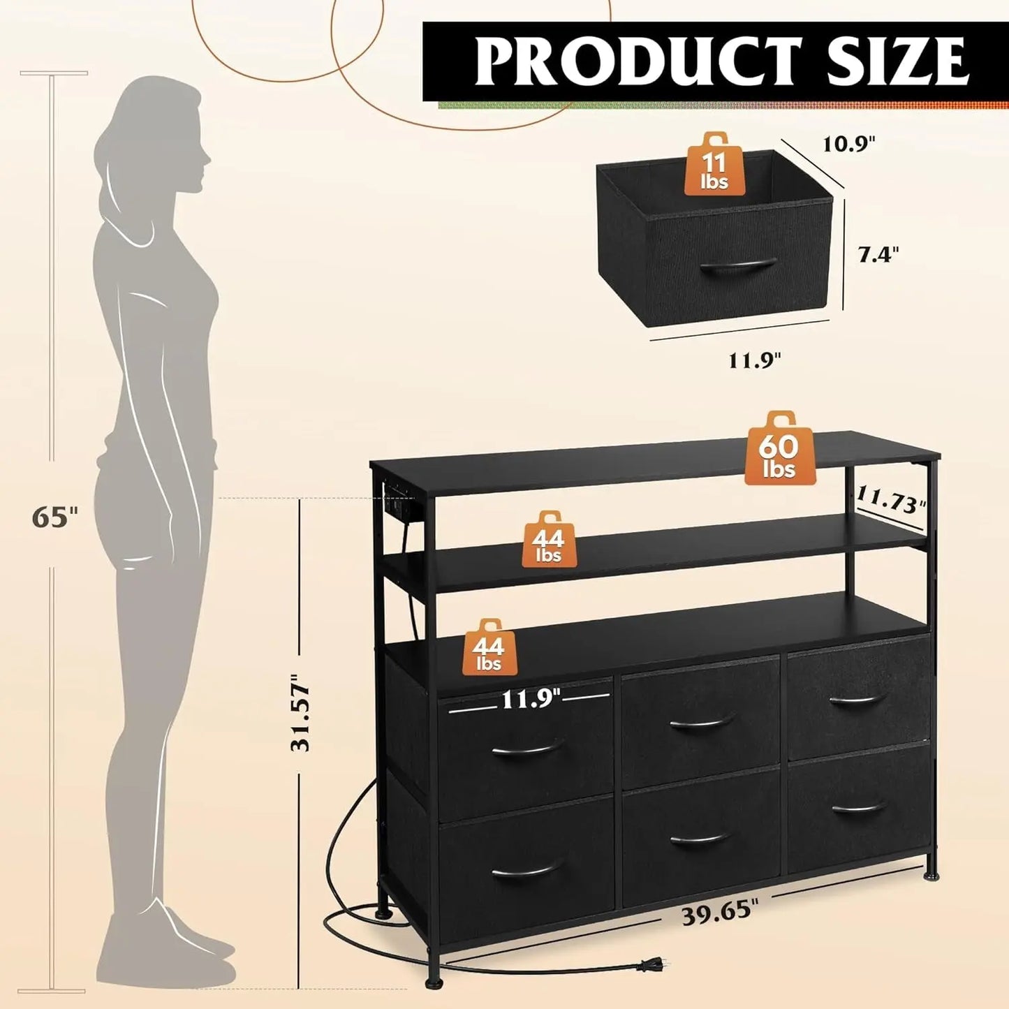 Led Dresser TV Stand for Bedroom, Entertainment Center with LED Lights and Power Outlet, 6 Drawer Drawer Dressers with Double Open Shelves, Black TV Stands-2