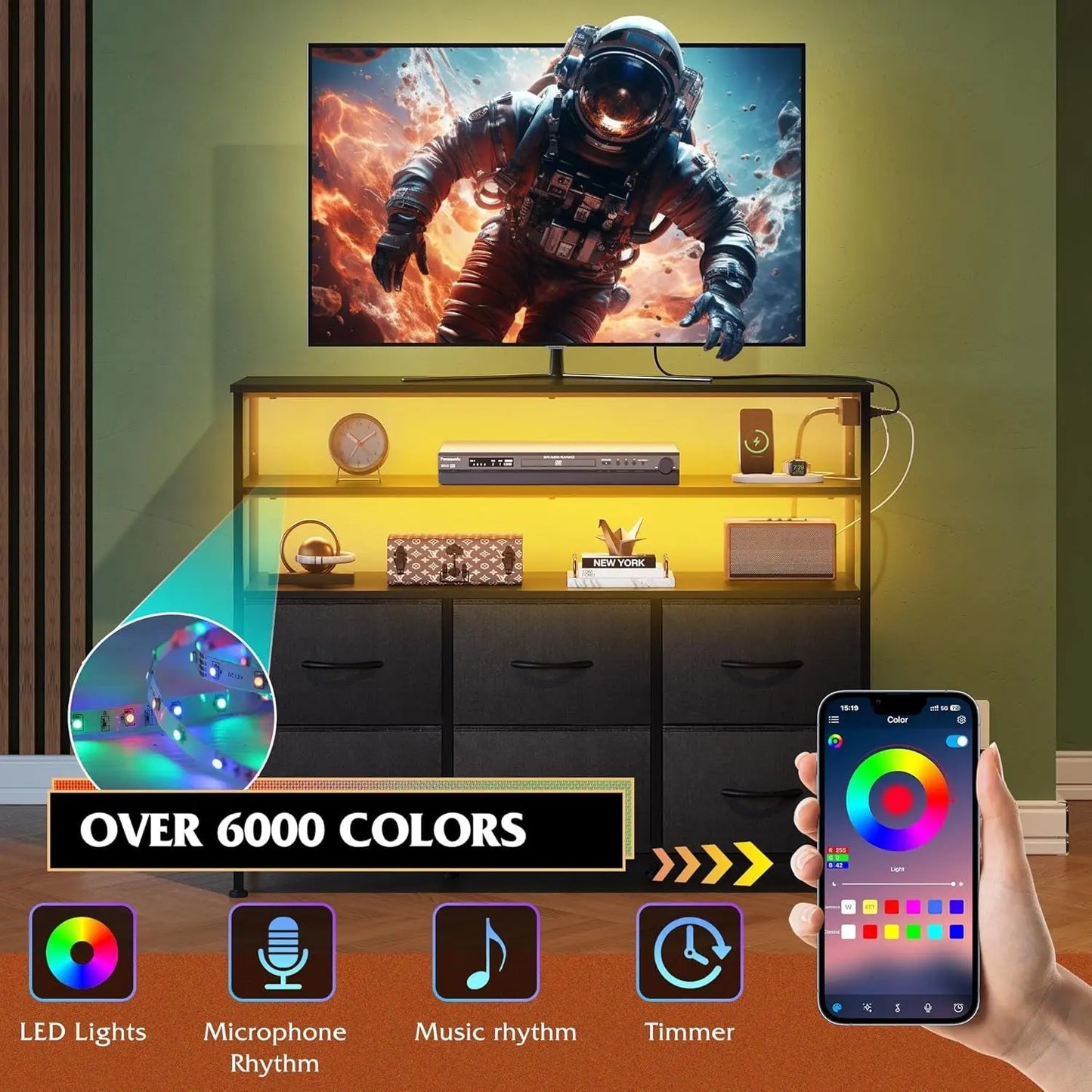 Led Dresser TV Stand for Bedroom, Entertainment Center with LED Lights and Power Outlet, 6 Drawer Drawer Dressers with Double Open Shelves, Black TV Stands-4