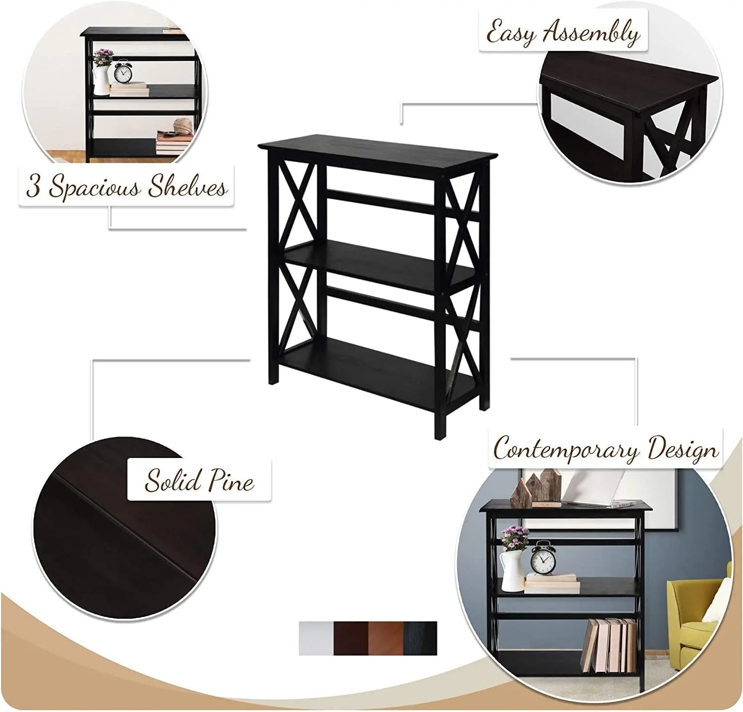 Montego 3-Shelf Bookcase, Black (New)-2