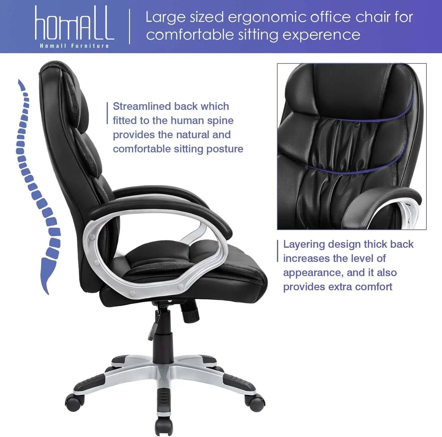 Office Chair High Back Computer Desk Chair, PU Leather Adjustable Height Modern Executive Swivel Task Chair with Padded Armrests and Lumbar Support (Black)-3