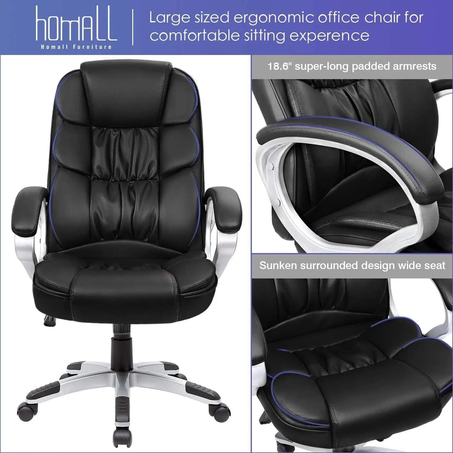 Office Chair High Back Computer Desk Chair, PU Leather Adjustable Height Modern Executive Swivel Task Chair with Padded Armrests and Lumbar Support (Black)-4