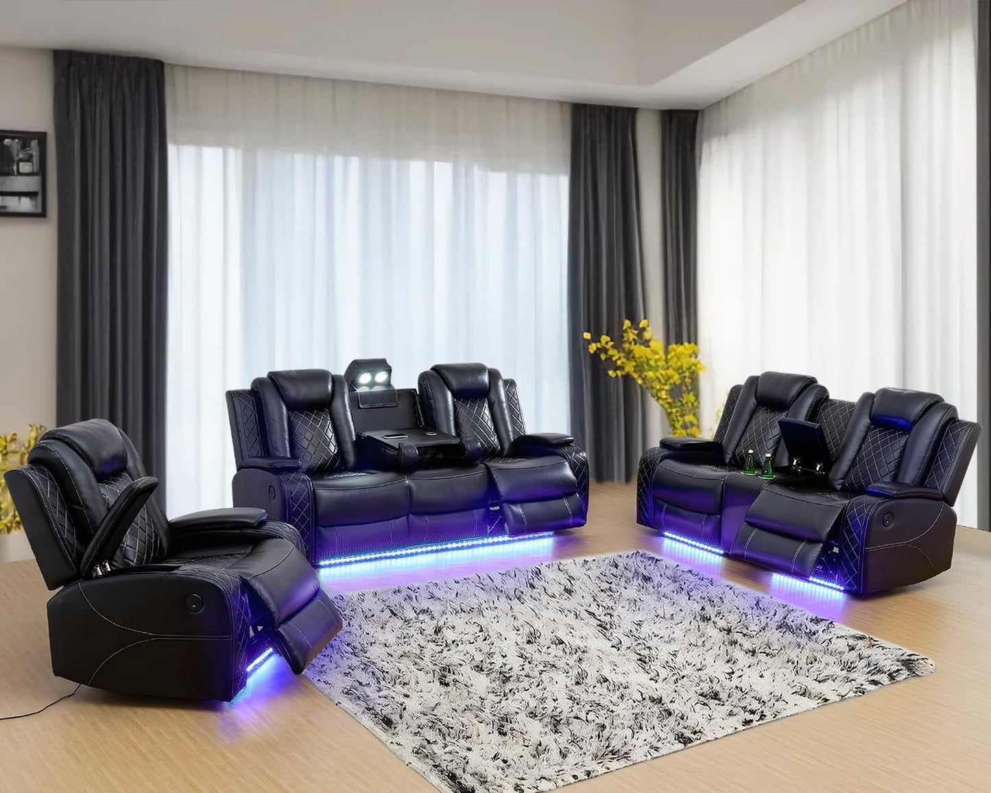Leather Power Recliner Sofa Set with LED, Living Room Furniture Set, Leather Sofa Set with USB Port Storage Console Cup Holder (Power Reclining Sofa Set, Black)-0