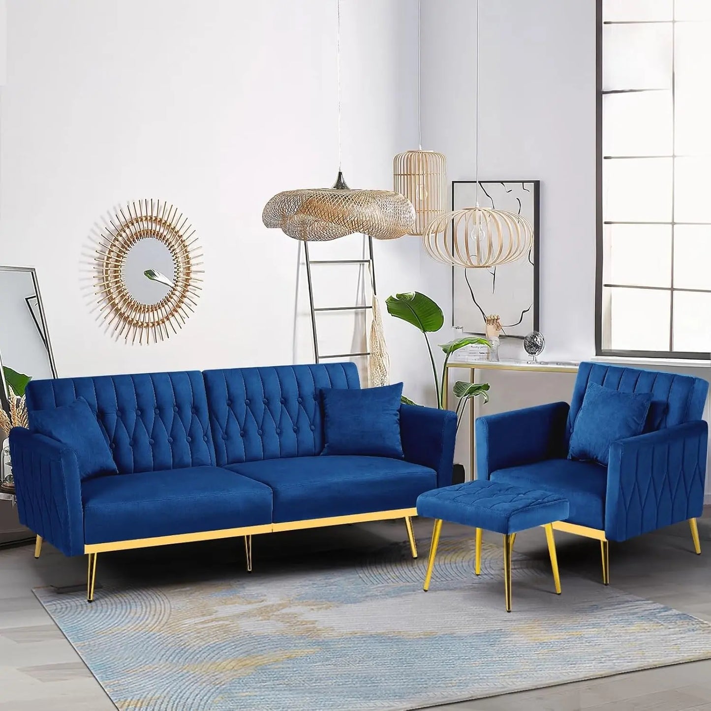 2 Pieces Velvet Futon Sofa Set with Adjustable Backrests and Armrests, 70” Convertible Sofa Bed & Tufted Accent Chair with Ottoman for Living Room, Blue-0