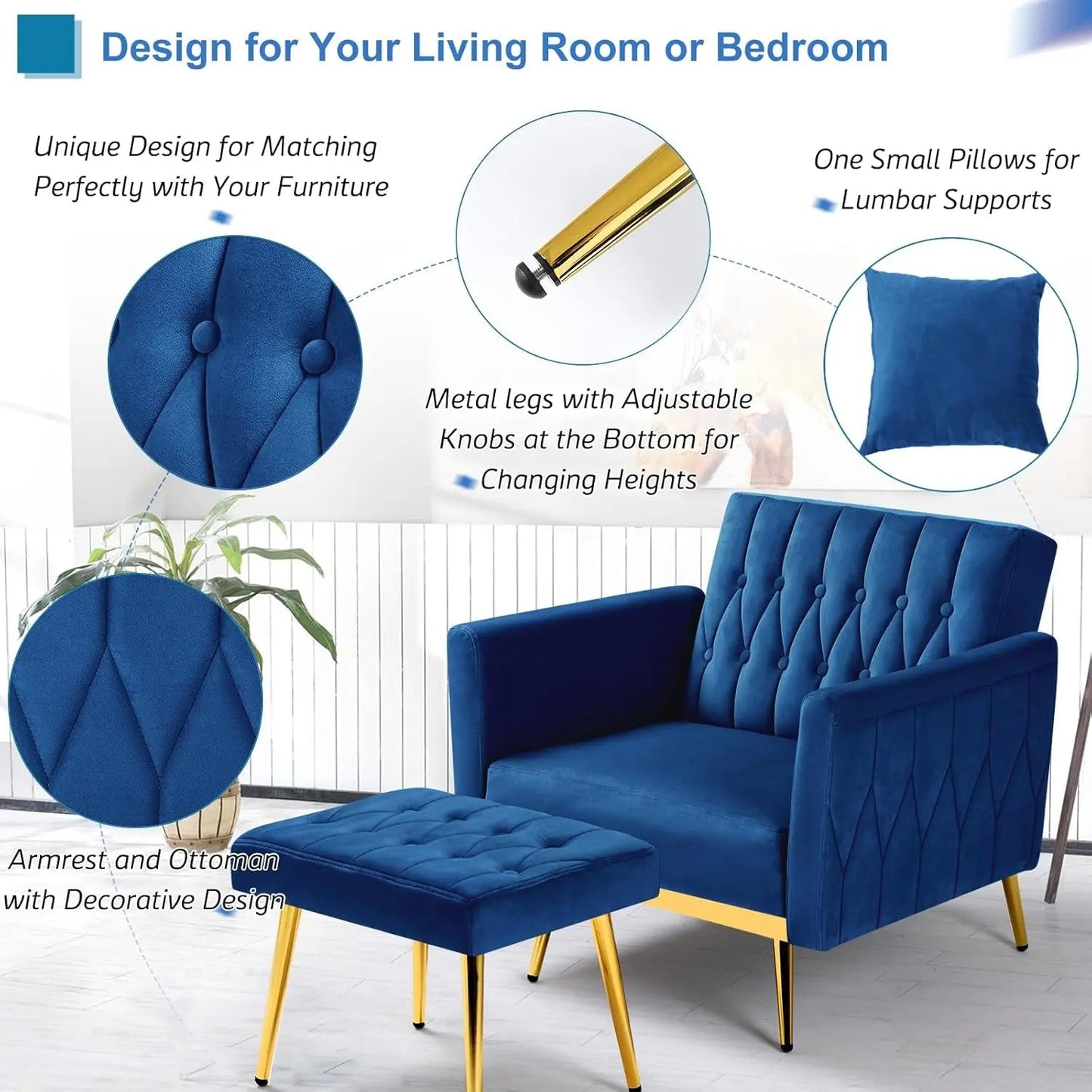2 Pieces Velvet Futon Sofa Set with Adjustable Backrests and Armrests, 70” Convertible Sofa Bed & Tufted Accent Chair with Ottoman for Living Room, Blue-2