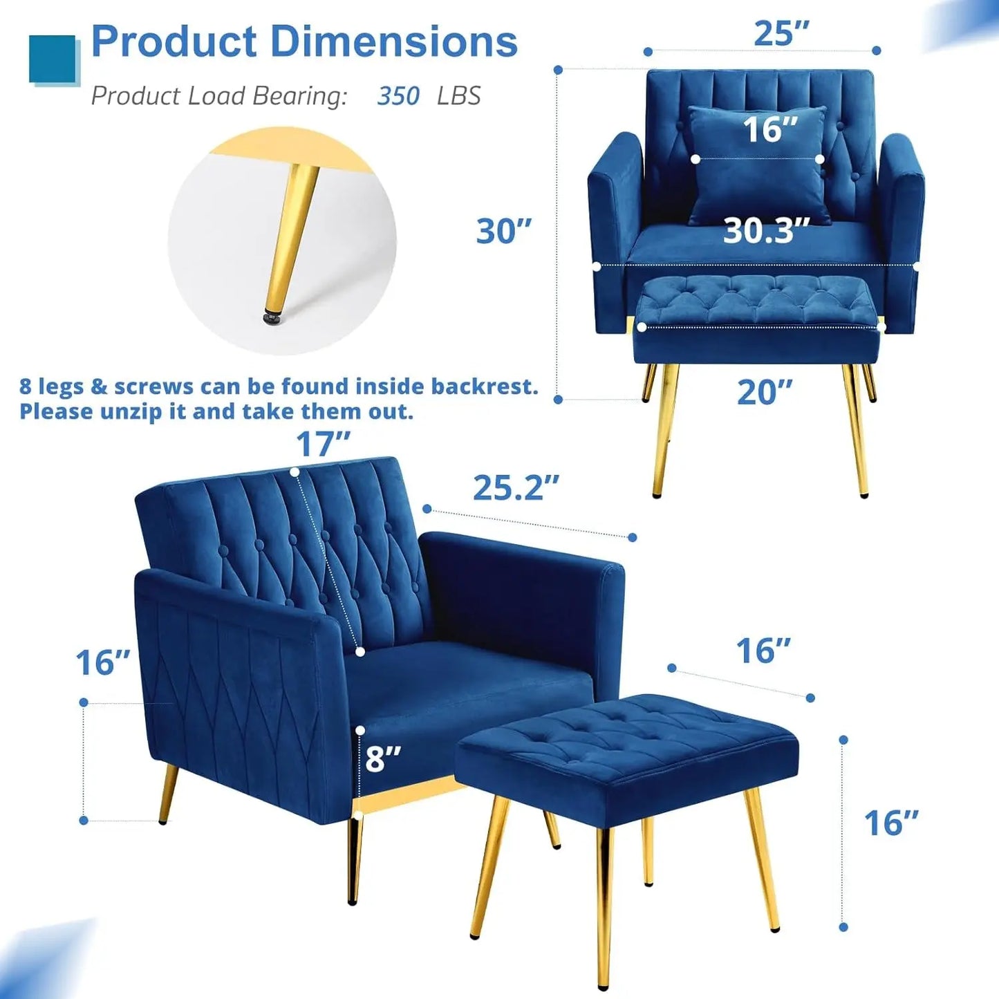 2 Pieces Velvet Futon Sofa Set with Adjustable Backrests and Armrests, 70” Convertible Sofa Bed & Tufted Accent Chair with Ottoman for Living Room, Blue-3
