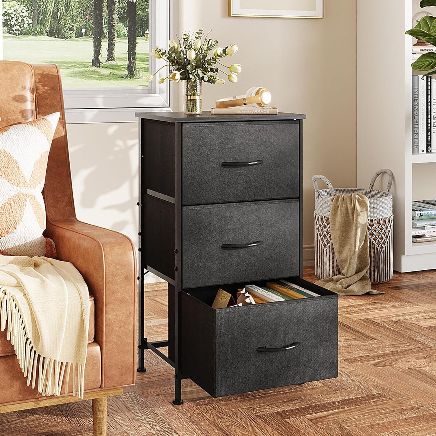 Dresser with 3 Drawers, Fabric Nightstand, Organizer Unit, Storage Dresser for Bedroom, Hallway, Entryway, Closets, Sturdy Steel Frame, Wood Top, Easy Pull Handle, Charcoal Black-3