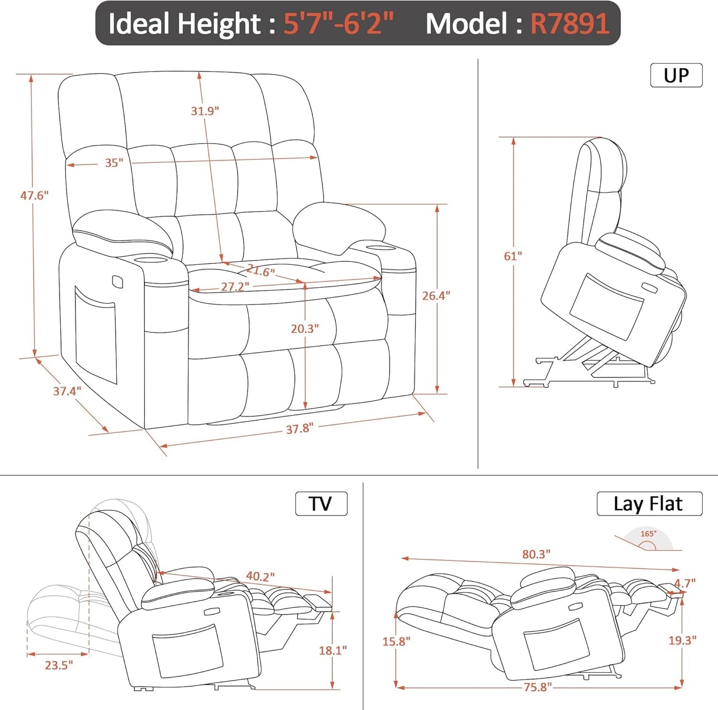 Large Dual Motor Power Lift Recliner Chair Sofa with Massage and Heat for Big Elderly People, Infinite Position, USB Ports, Fabric R7891 (Large-Wide, Coffee)-2