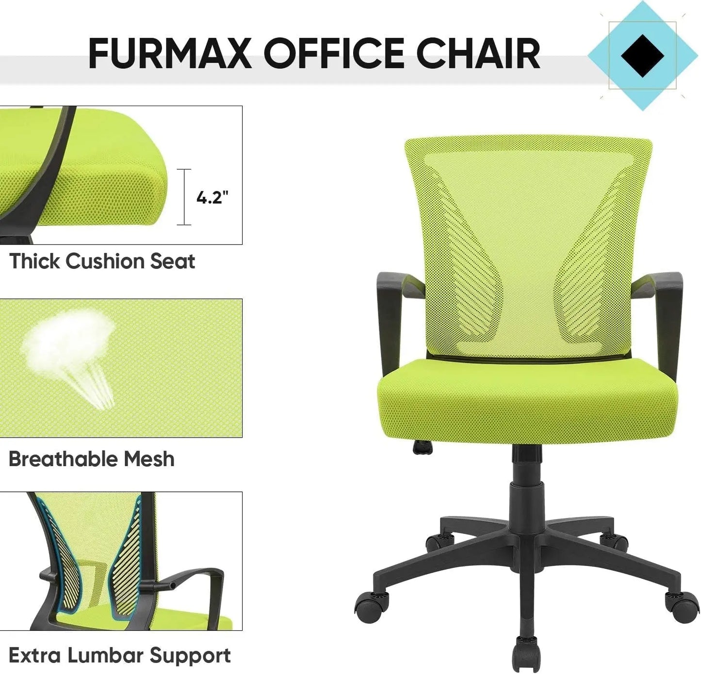 Office Chair Mid Back Swivel Lumbar Support Desk Chair, Computer Ergonomic Mesh Chair with Armrest (Cyan)-4