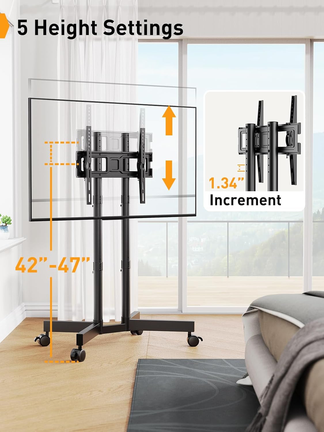 Rolling TV Stand, Mobile TV Stand with Wheels for 32-70 Inch Tvs, Height Adjustable Mobile TV Cart with -15° to +5° Tilt, Outdoor TV Stand for 4K TV Max VESA 400X400Mm up to 88Lbs, PGTVMC14-2
