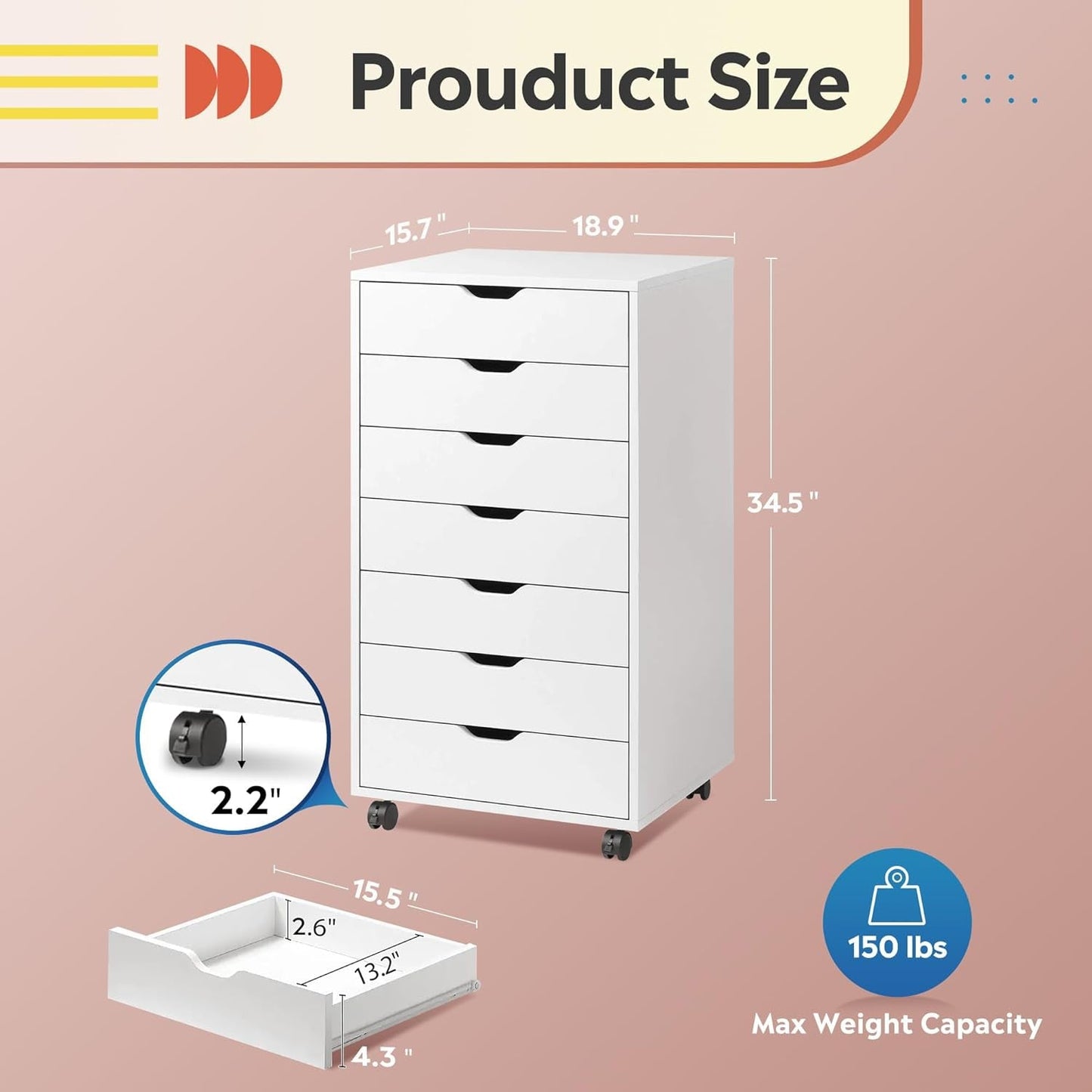 White 7-Drawer Storage Chest with Wheels-2