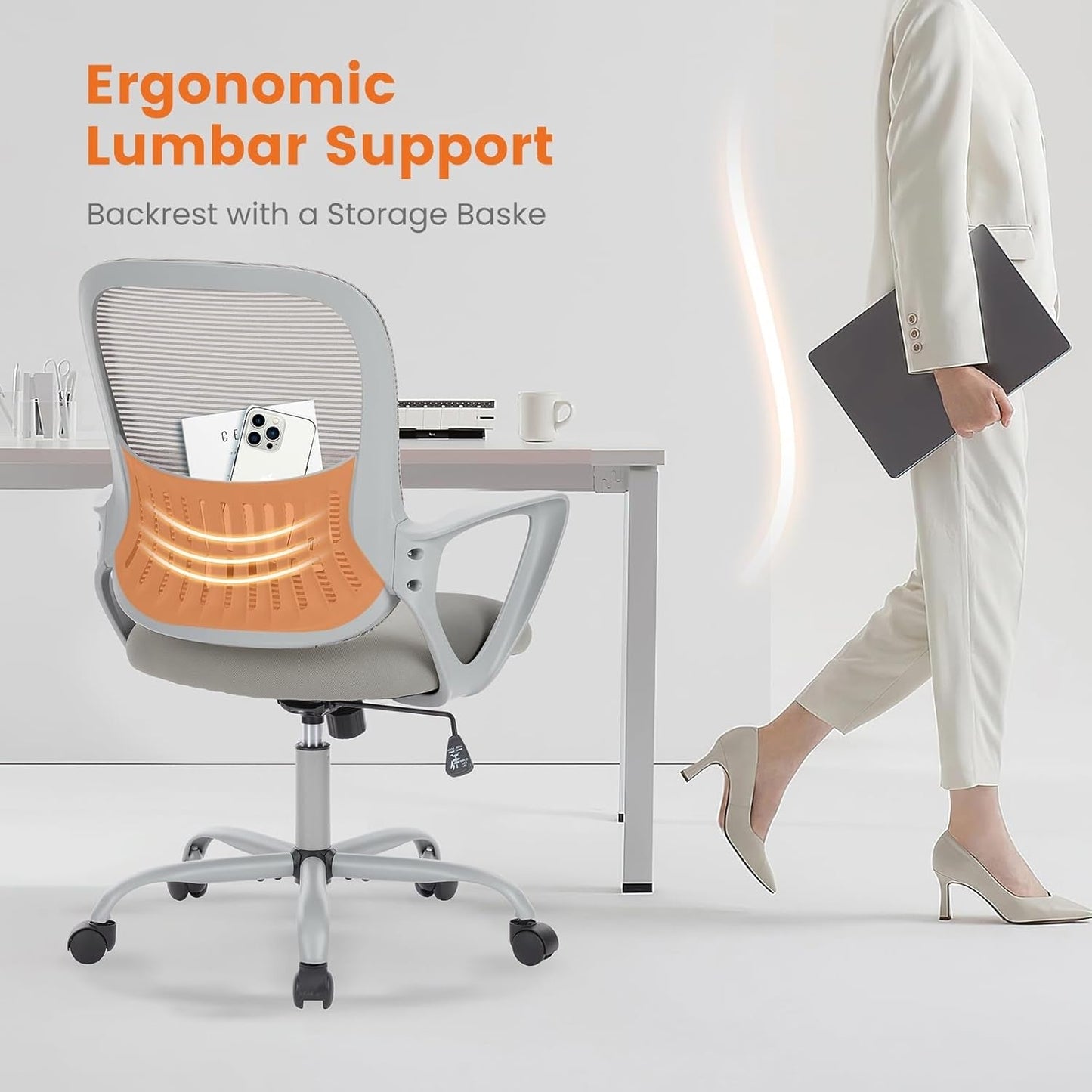 Office Computer Desk Managerial Executive Chair, Ergonomic Mid-Back Mesh Rolling Work Swivel Chairs with Wheels, Comfortable Lumbar Support, Comfy Arms for Home,Bedroom,Study,Student,Grey-3