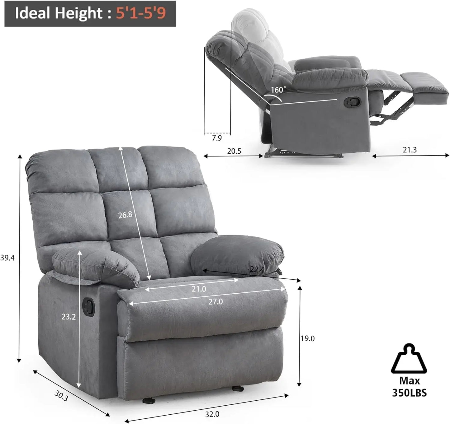 Rocker Recliner Chair, Overstuffed Large Manual Rocking Recliner for Adults, Upholstered Comfy Soft Fabric Living Room Reclining Sofa Chair(Gray)-1