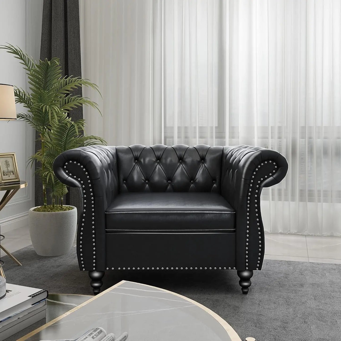 2 Piece Living Room Set, Chesterfield Leather Sofa Couch Chair with Scroll Arms and Nailhead for Living Room, Office (Black)-4