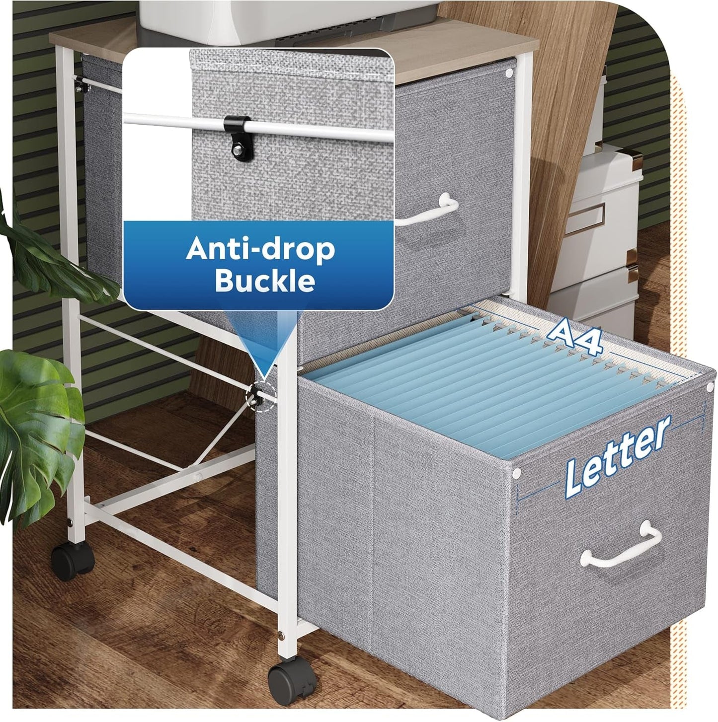 2 Drawer Mobile File Cabinet, Rolling Printer Stand, Fabric Vertical Filing Cabinet Fits A4 or Letter Size for Home Office, Light Grey-4
