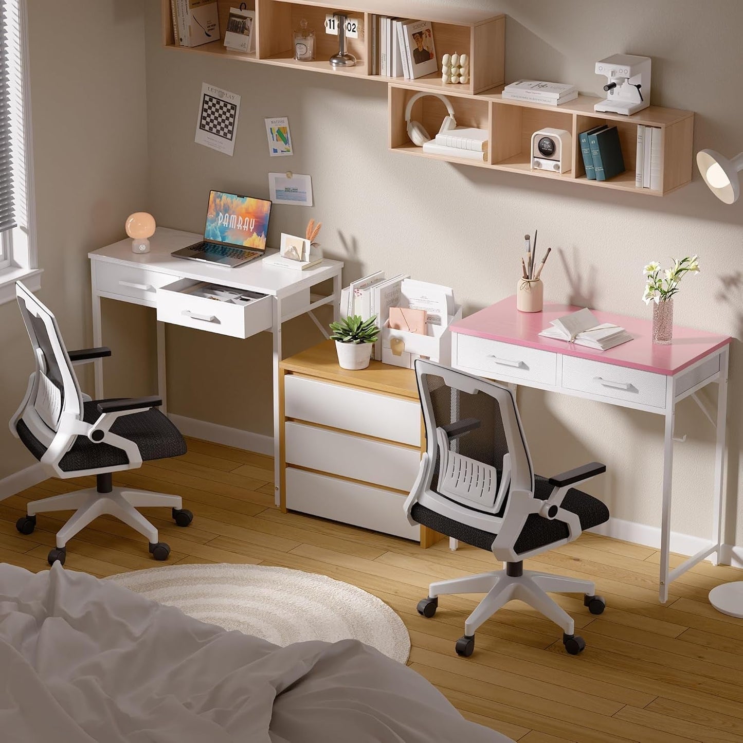 32 Inch Small Computer Desk with 2 Drawers for Bedroom Study Writing Home Office Table for Small Spaces Pink-3