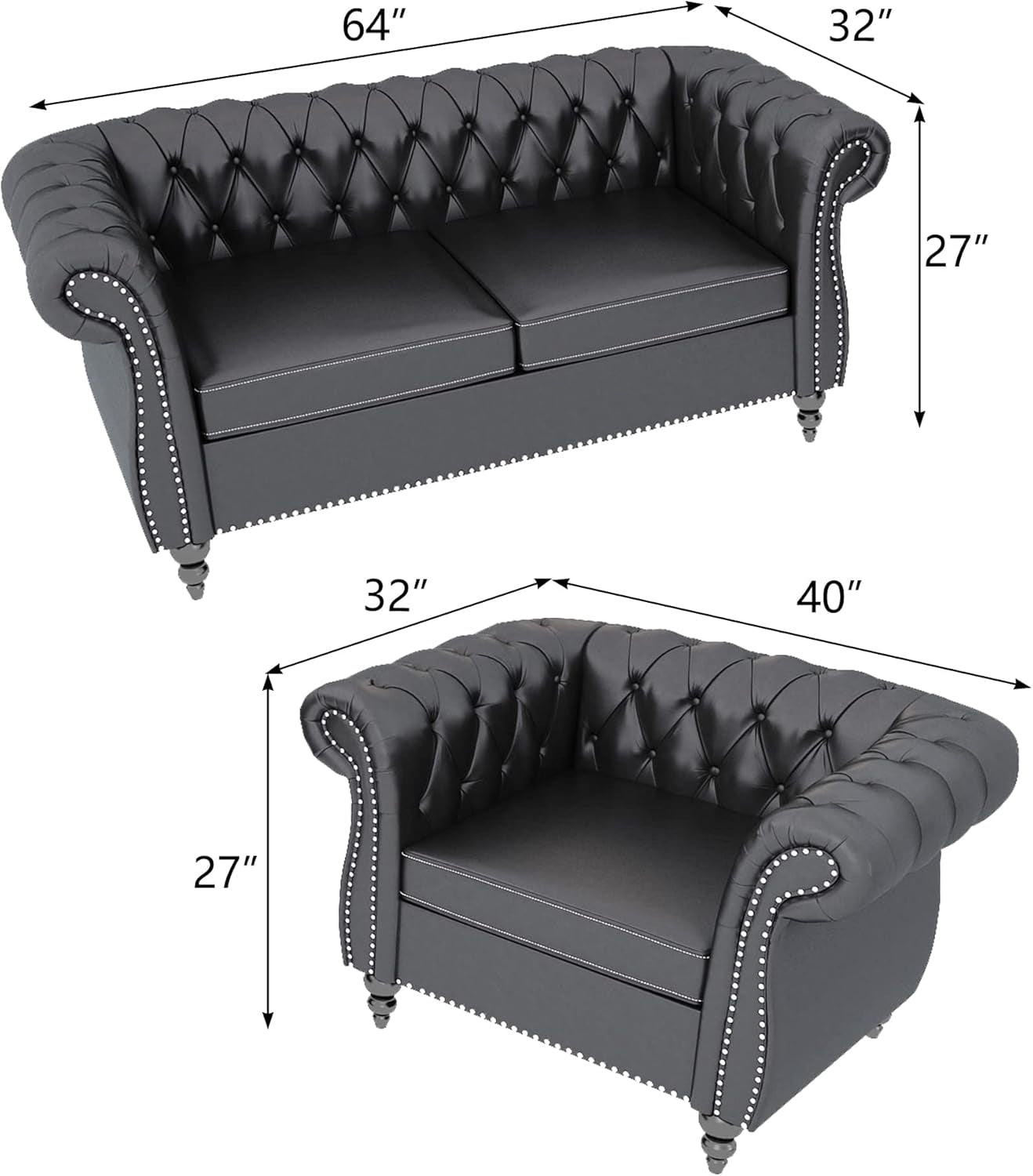 Sectional Modular Sofa Couches, PU Leather Modular Sofa Furniture Set Tufted Cushion Suitable for Small Space Configuration Sofa, Office Meeting Room Couch (PU Black, 1-2)-1