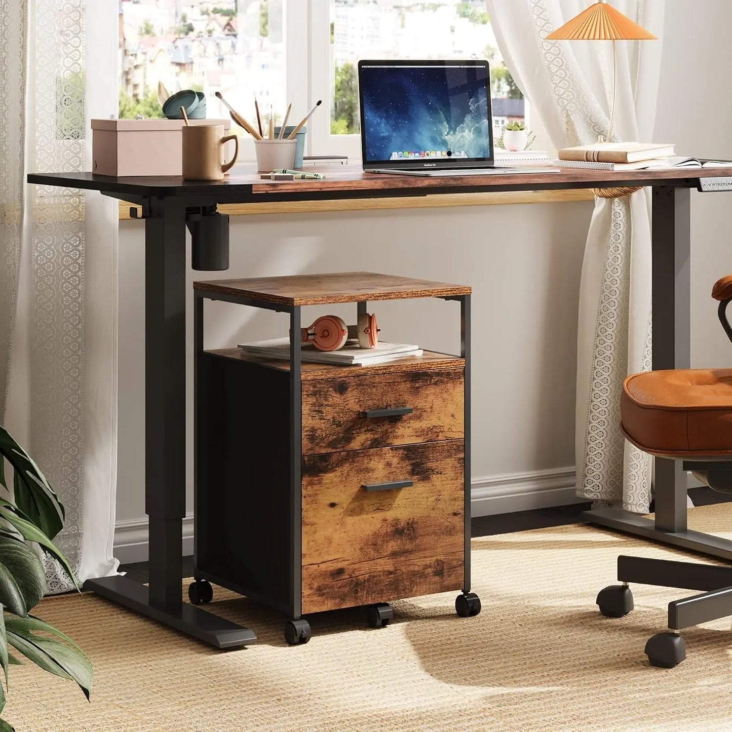 2 Drawer File Cabinet, Mobile Printer Stand with Open Storage Shelf, Wood Filing Cabinet Fits A4 or Letter Size for Home Office, Rustic Brown-1
