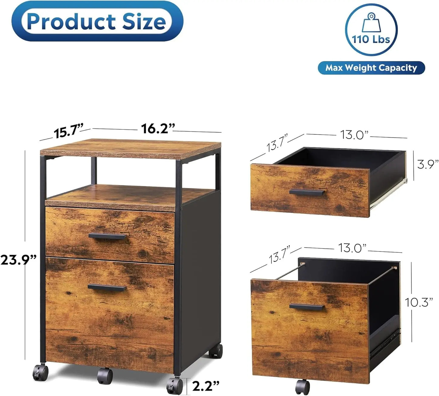 2 Drawer File Cabinet, Mobile Printer Stand with Open Storage Shelf, Wood Filing Cabinet Fits A4 or Letter Size for Home Office, Rustic Brown-2