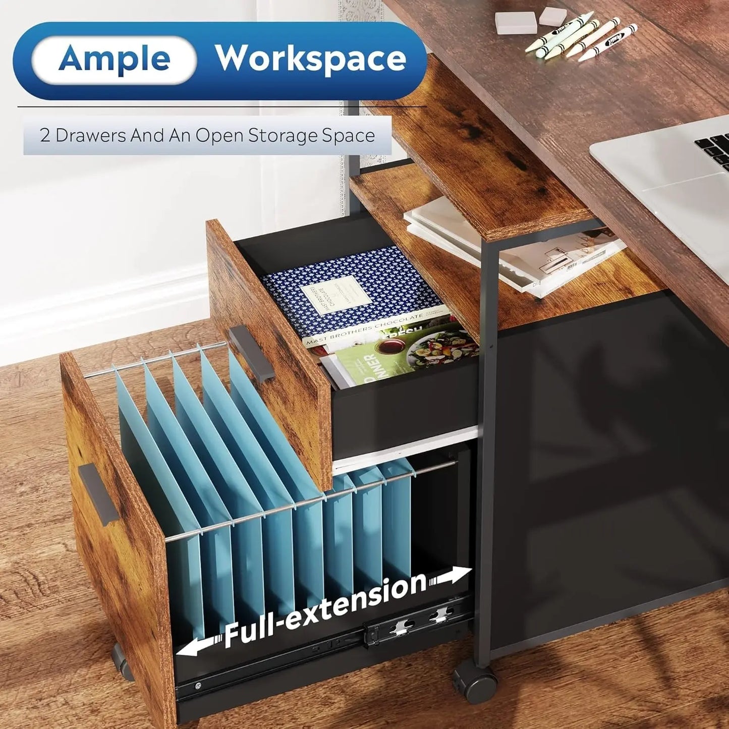 2 Drawer File Cabinet, Mobile Printer Stand with Open Storage Shelf, Wood Filing Cabinet Fits A4 or Letter Size for Home Office, Rustic Brown-3