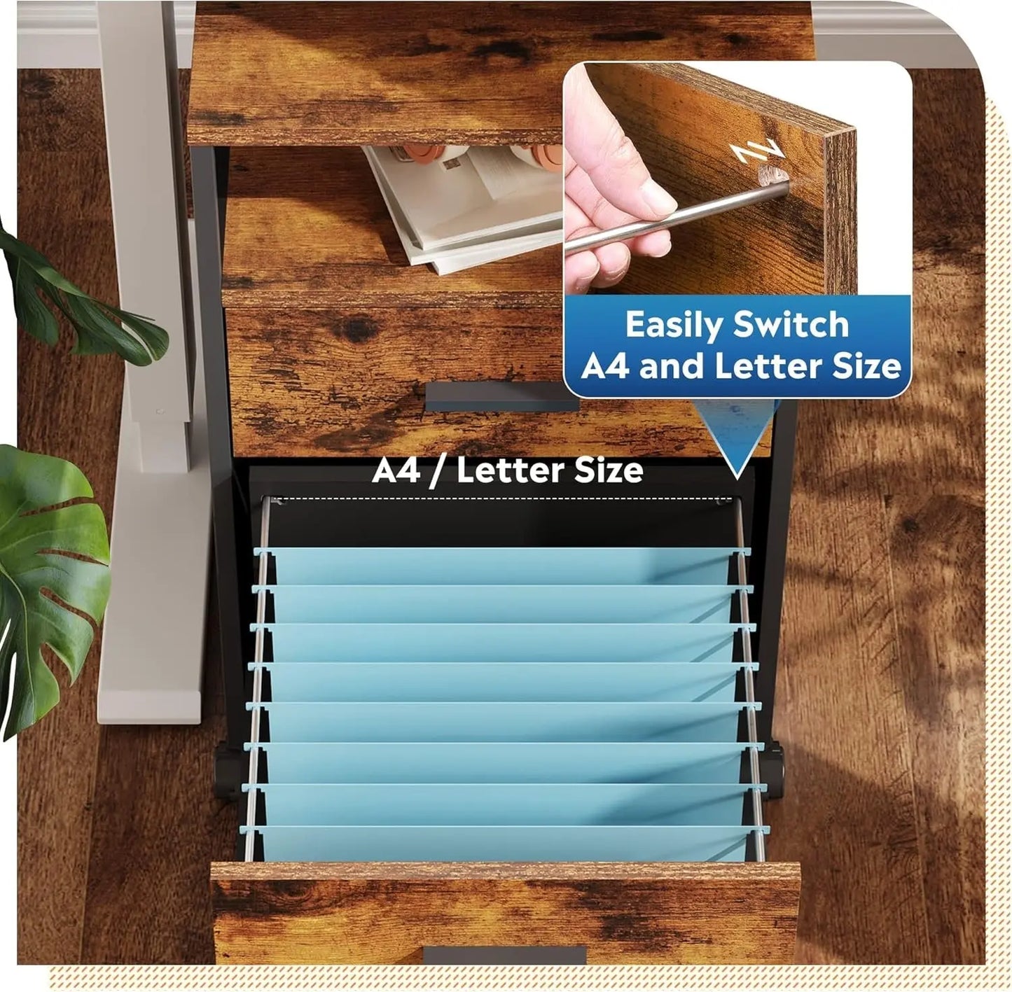 2 Drawer File Cabinet, Mobile Printer Stand with Open Storage Shelf, Wood Filing Cabinet Fits A4 or Letter Size for Home Office, Rustic Brown-4