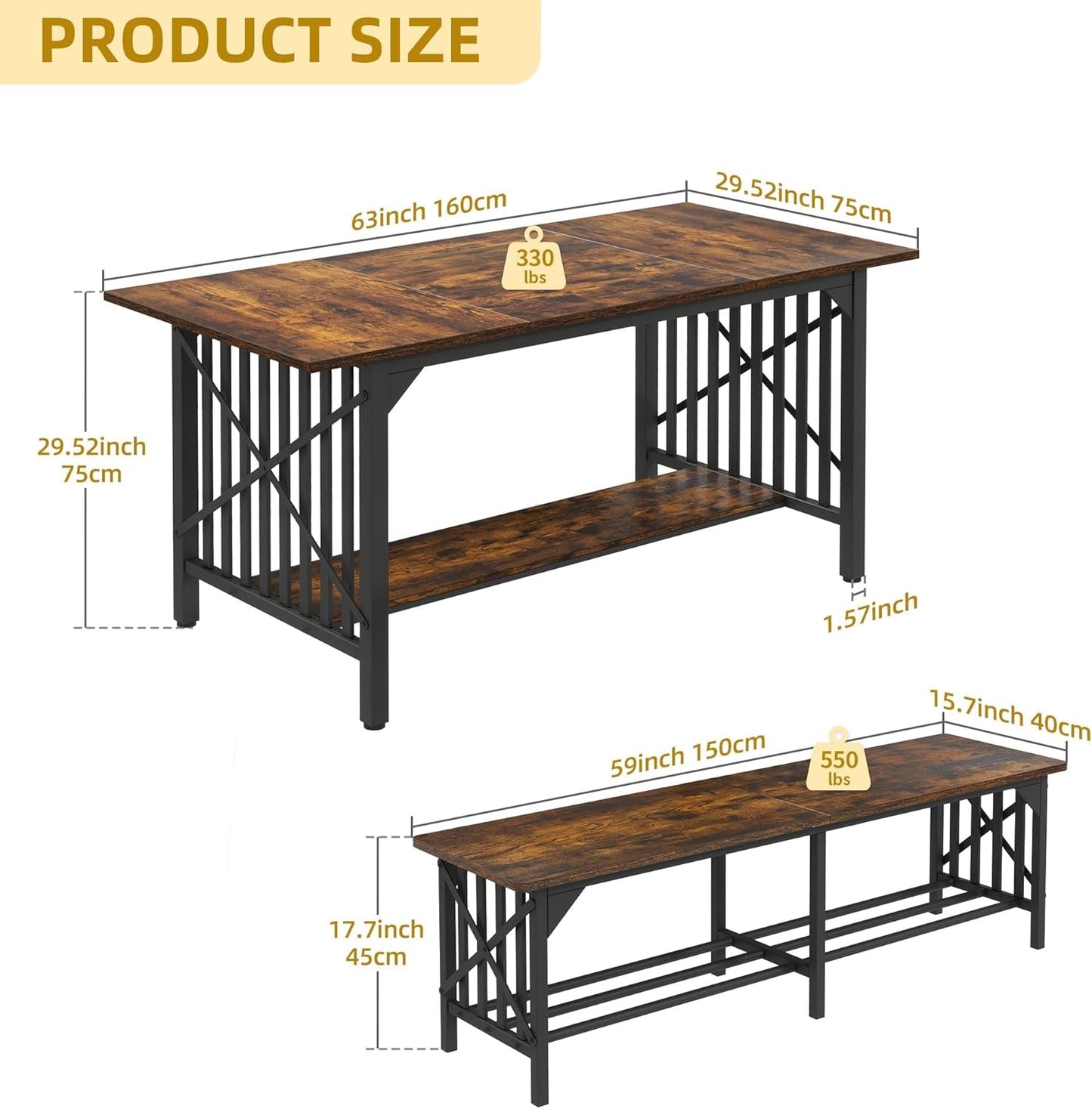 3-Piece Dining Table Set for 4-6 People, 63" Dining Room Table with 2 Benches, Industrial Rectangular Dining Room Table Set with Storage for Kitchen, Dining Room, Rustic Brown-1