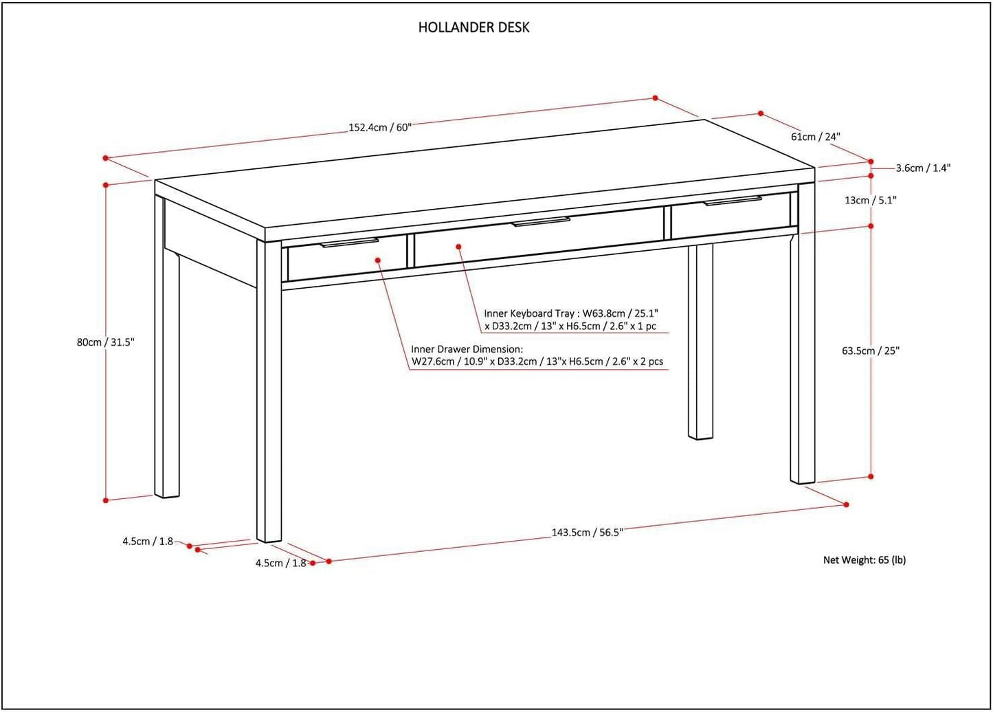 Solid Wood Contemporary Writing Desk with Two Drawers-2