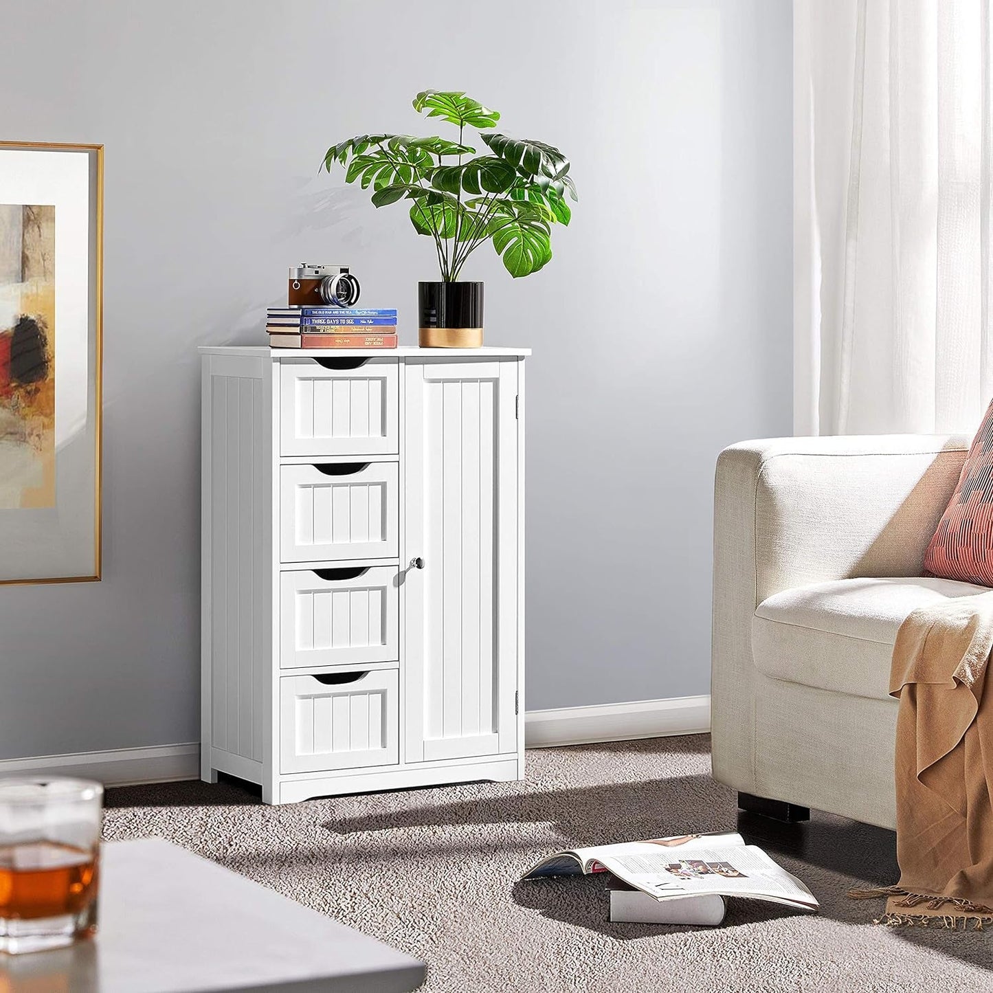Wooden Floor Cabinet, Side Storage Organizer with 4 Drawers and 1 Cupboard, Freestanding Entryway Storage Unit Console Table, Bathroom Furniture Home Decor, White-3