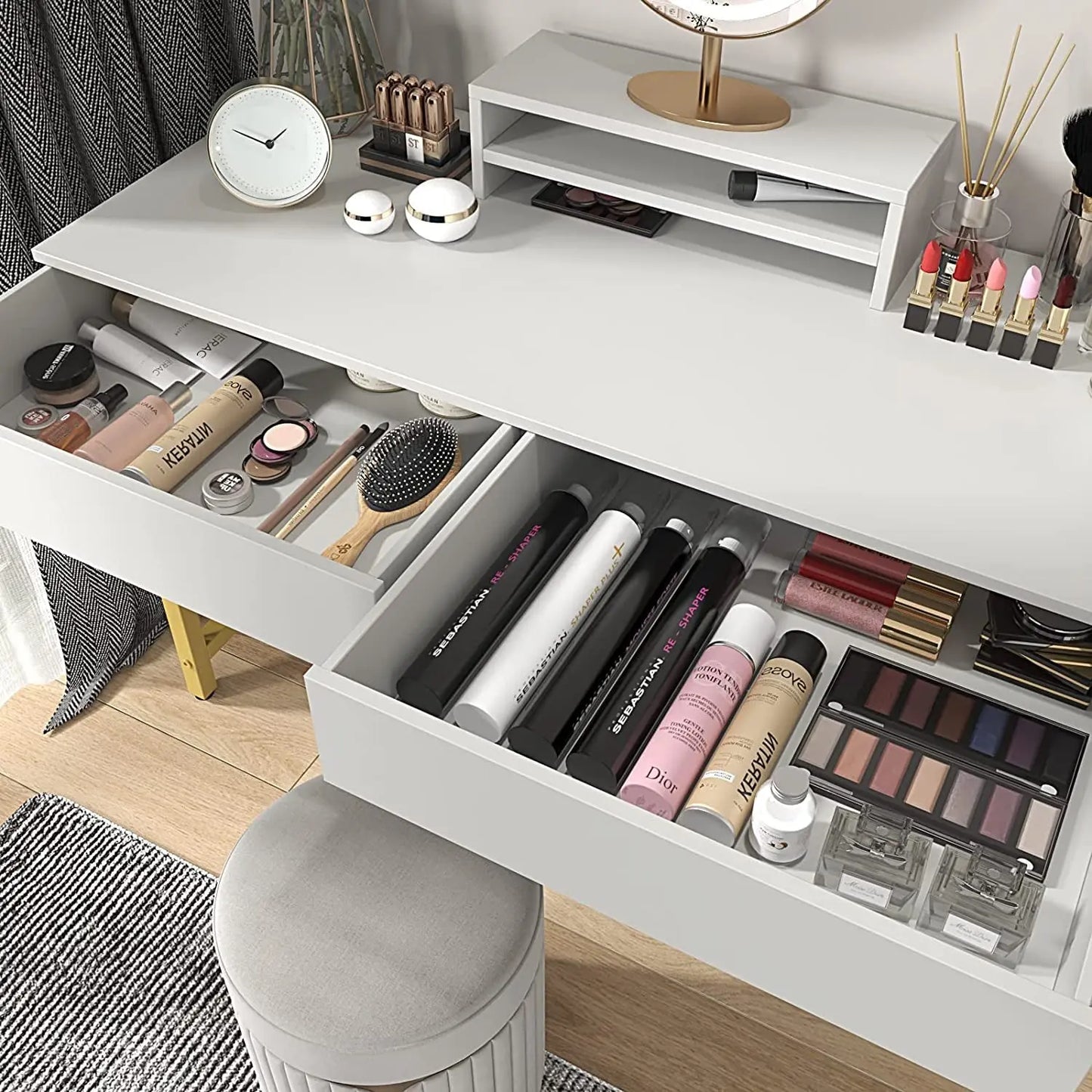 White Home Office Desk with Drawer and Monitor Stand-3
