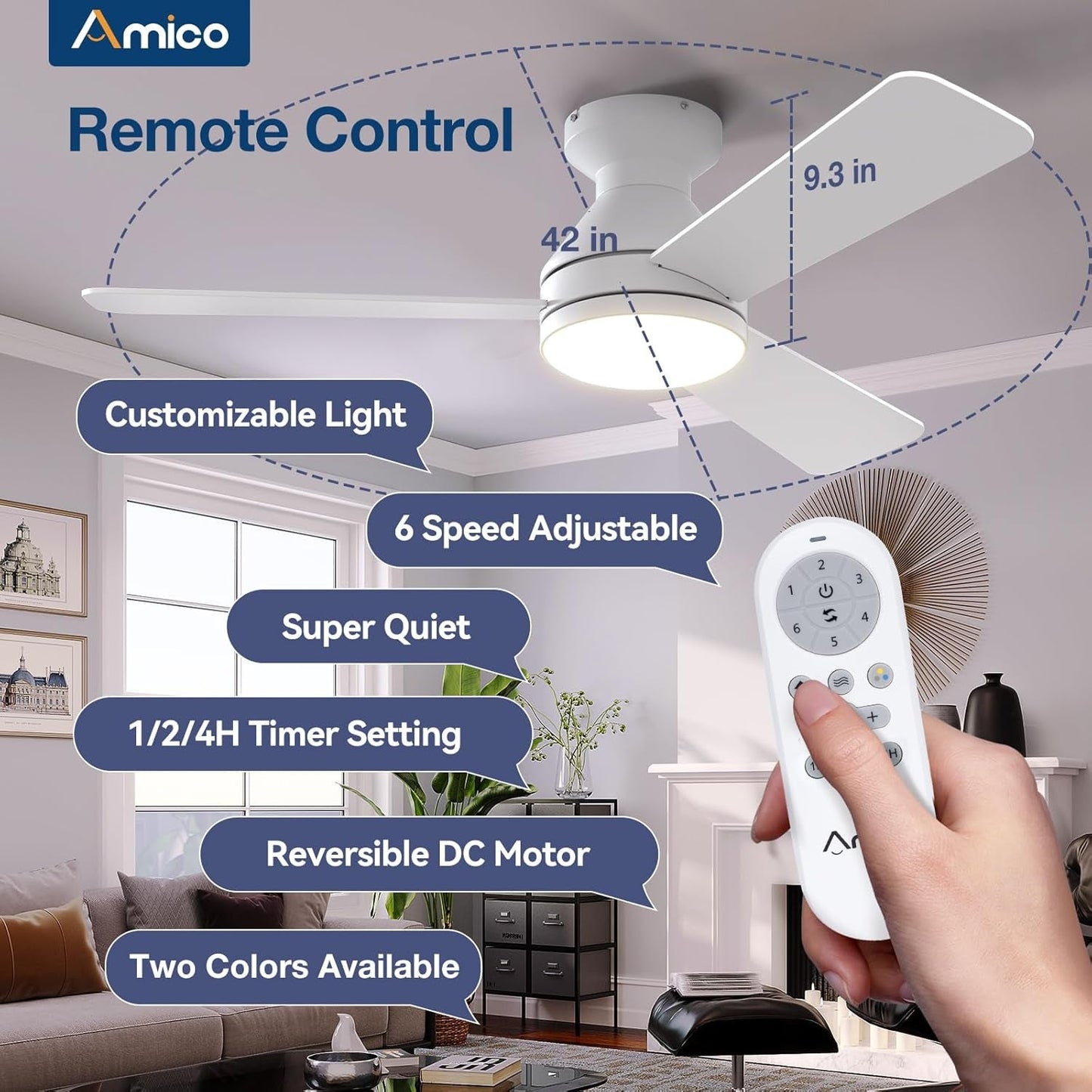 Ceiling Fans with Lights, 42 Inch Low Profile Ceiling Fan with Light and Remote Control, Flush Mount, Reversible, 3CCT, Dimmable, Noiseless, White Ceiling Fan for Bedroom, Indoor/Outdoor Use-2