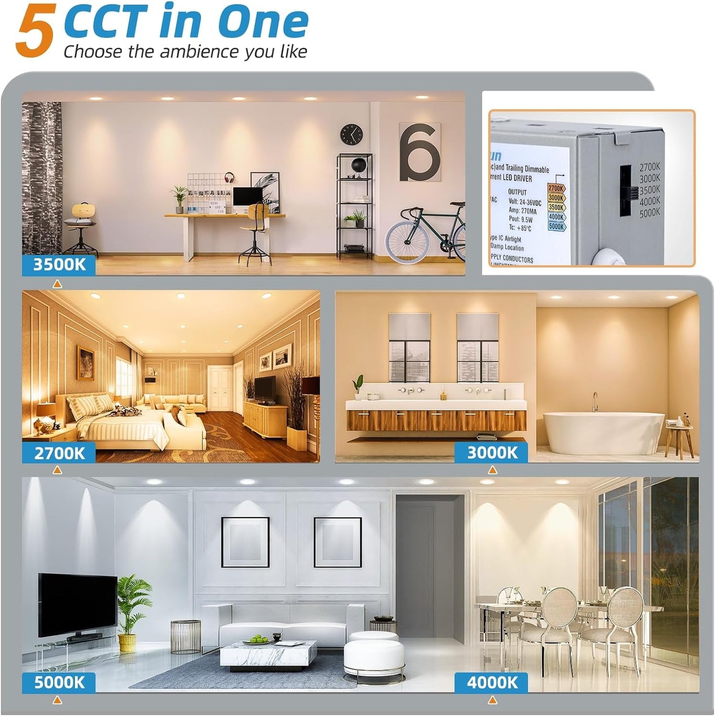 24 Pack 6 Inch Recessed Lighting, 5CCT LED Recessed Light with Junction Box, 2700K-5000K Selectable, 13W Eqv 120W, 1080LM Dimmable Canless Wafer Downlight, LED Ceiling Light ETL Certificated-1