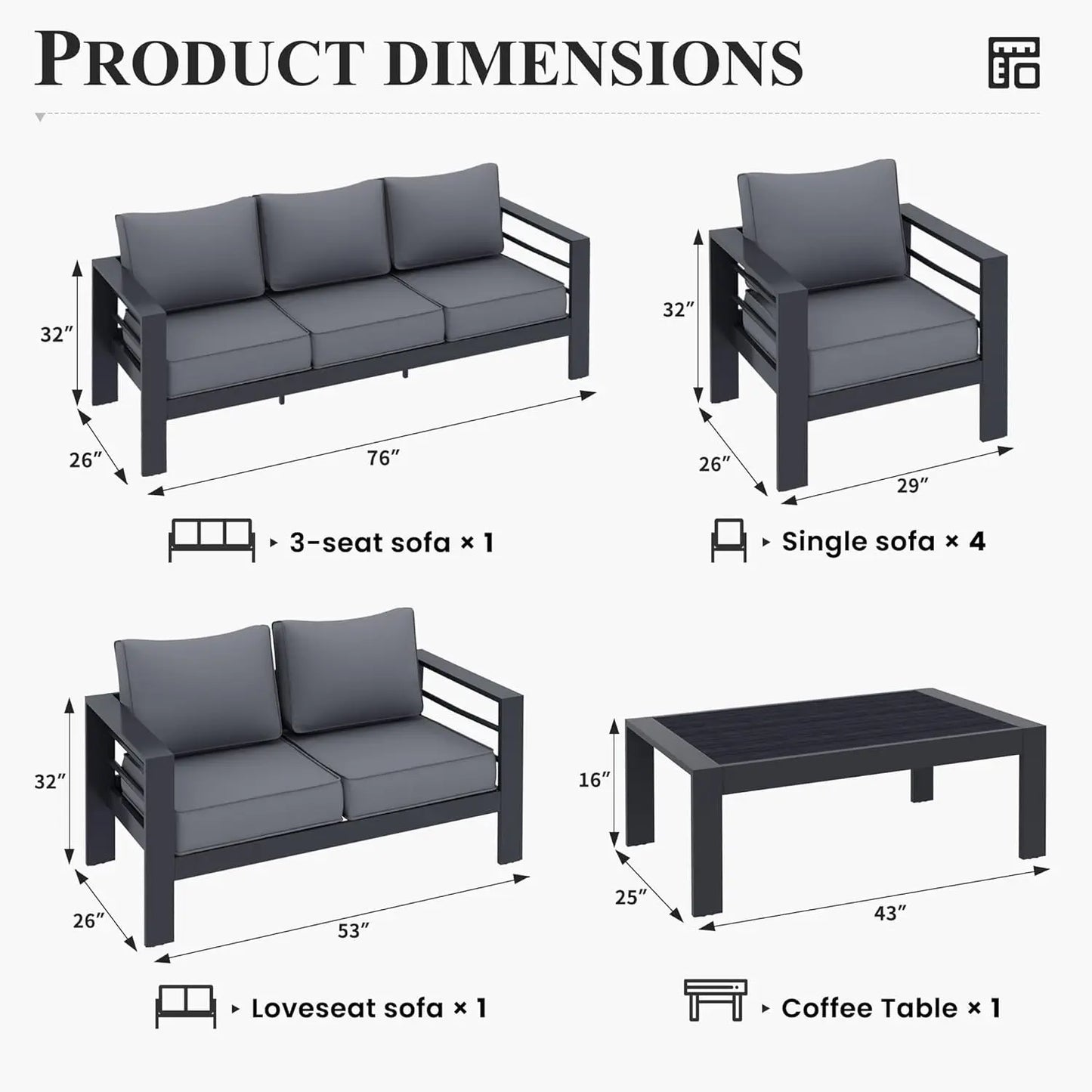 Aluminum Patio Furniture Set, 7 Piece Metal Outdoor Furniture Set, Patio Furniture Set with Waterproof Covers for Backyard Garden(Grey)-4