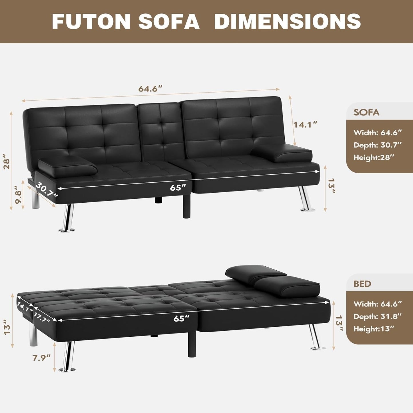 Stylish Leather Futon Sofa Bed with Adjustable Armrests-2