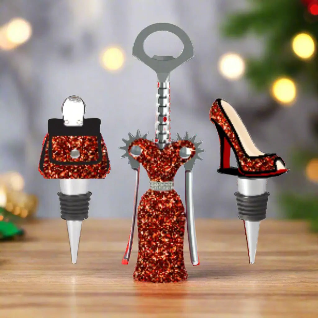 Red and Gold Corkscrew and Wine Stopper Set-2