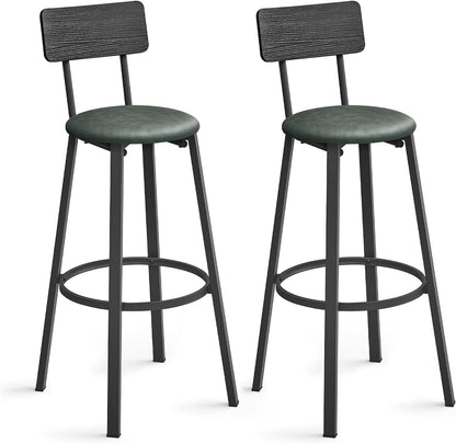 Bar Stools, Set of 2 PU Upholstered Breakfast Stools, 29.7-Inch Barstools with Back and Footrest, Simple Assembly, for Dining Room Kitchen Counter, Classic Black and Forest Green ULBC069C01-0