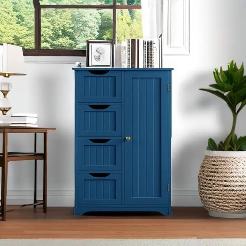 Wooden Bathroom Floor Cabinet, Side Storage Organizer Cabinet with 4 Drawers and 1 Cupboard, Freestanding Entryway Storage Unit Console Table, Bathroom Furniture Home Decor, Navy Blue-4