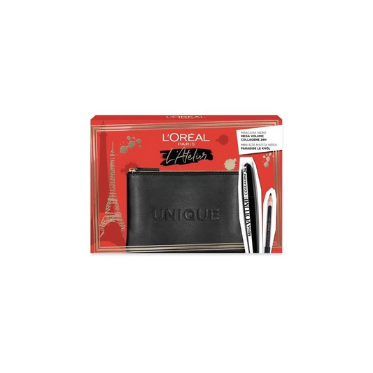 L’Oreal Paris Set L'Oreal Paris_ L'Oreal Paris, Kajal Eye Pencil, Black, 1.5 g + Mega Volume Collagene 24h, Waterproof, Mascara, Mega Black, 9 ml + Makeup Bag, Black For Women (8054800350515) L`Oreal Paris