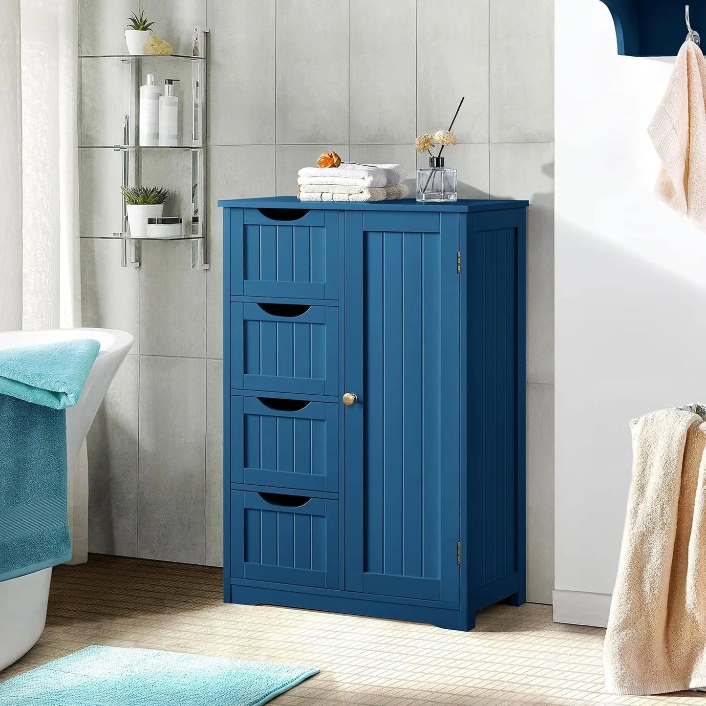 Wooden Bathroom Floor Cabinet, Side Storage Organizer Cabinet with 4 Drawers and 1 Cupboard, Freestanding Entryway Storage Unit Console Table, Bathroom Furniture Home Decor, Navy Blue-3